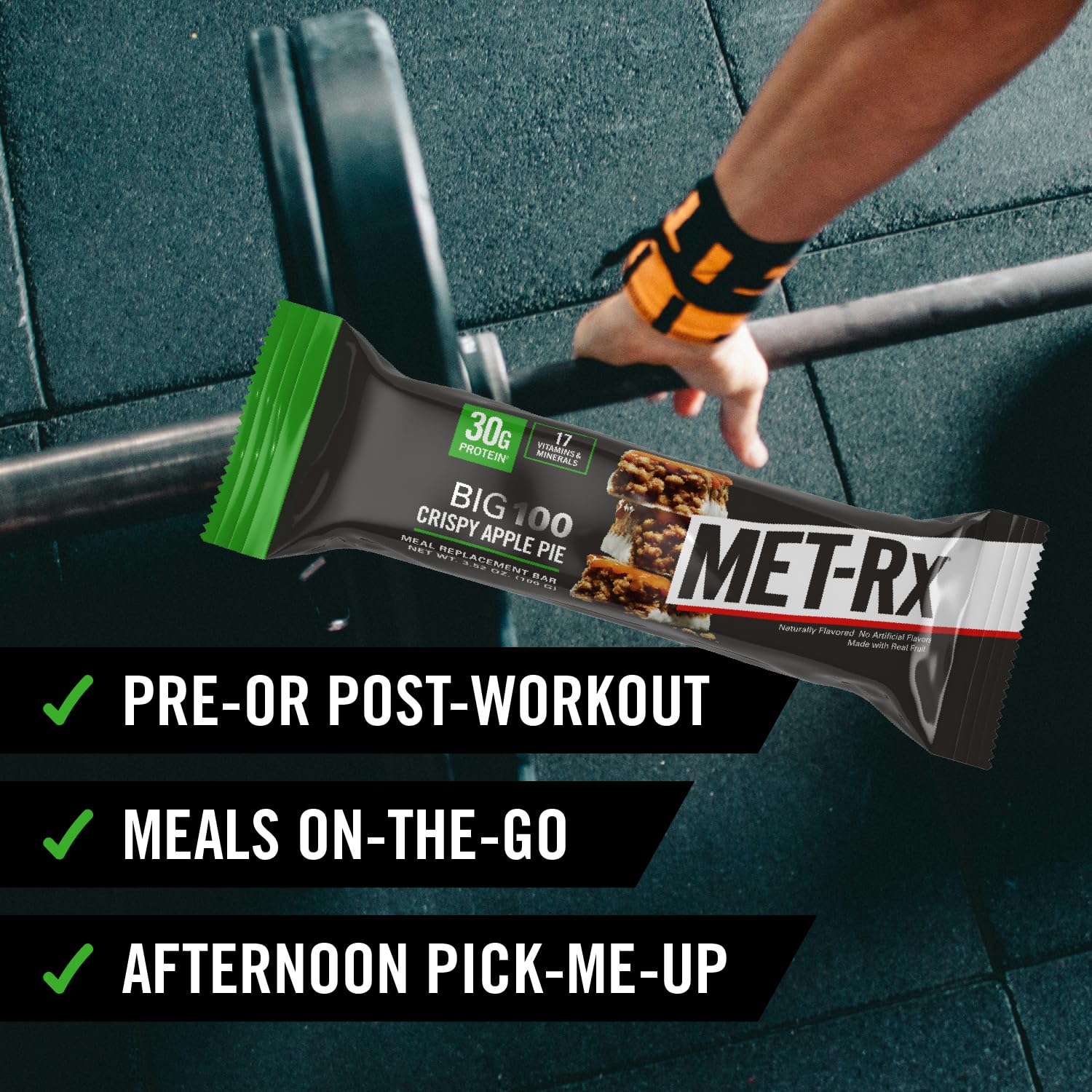 Barre MET-Rx Big 100 Colossal, usage post-entraînement pour récupération pratique.