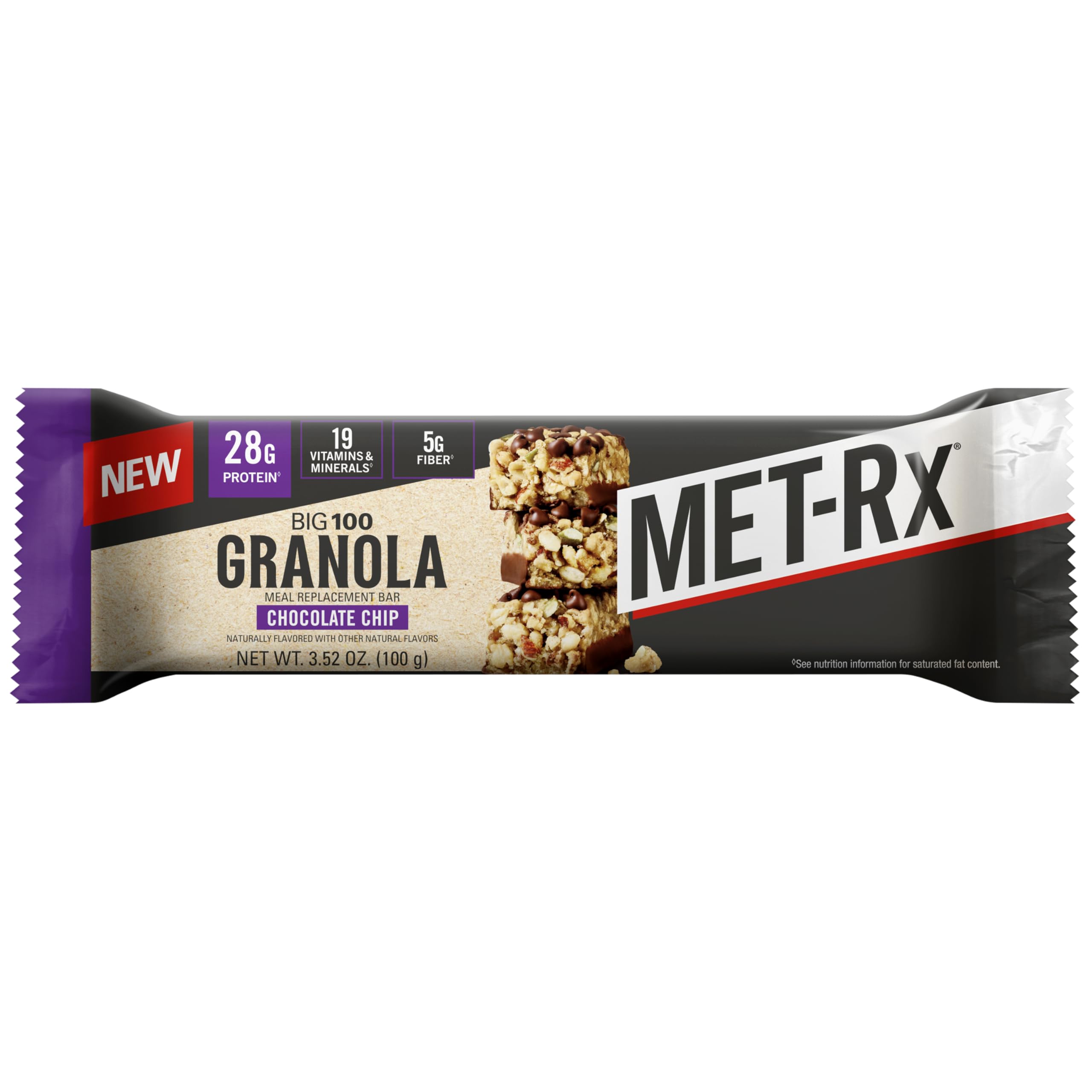 MET-Rx Big 100 Barre Granola chocolat et pépites, barre ouverte pour démonstration.