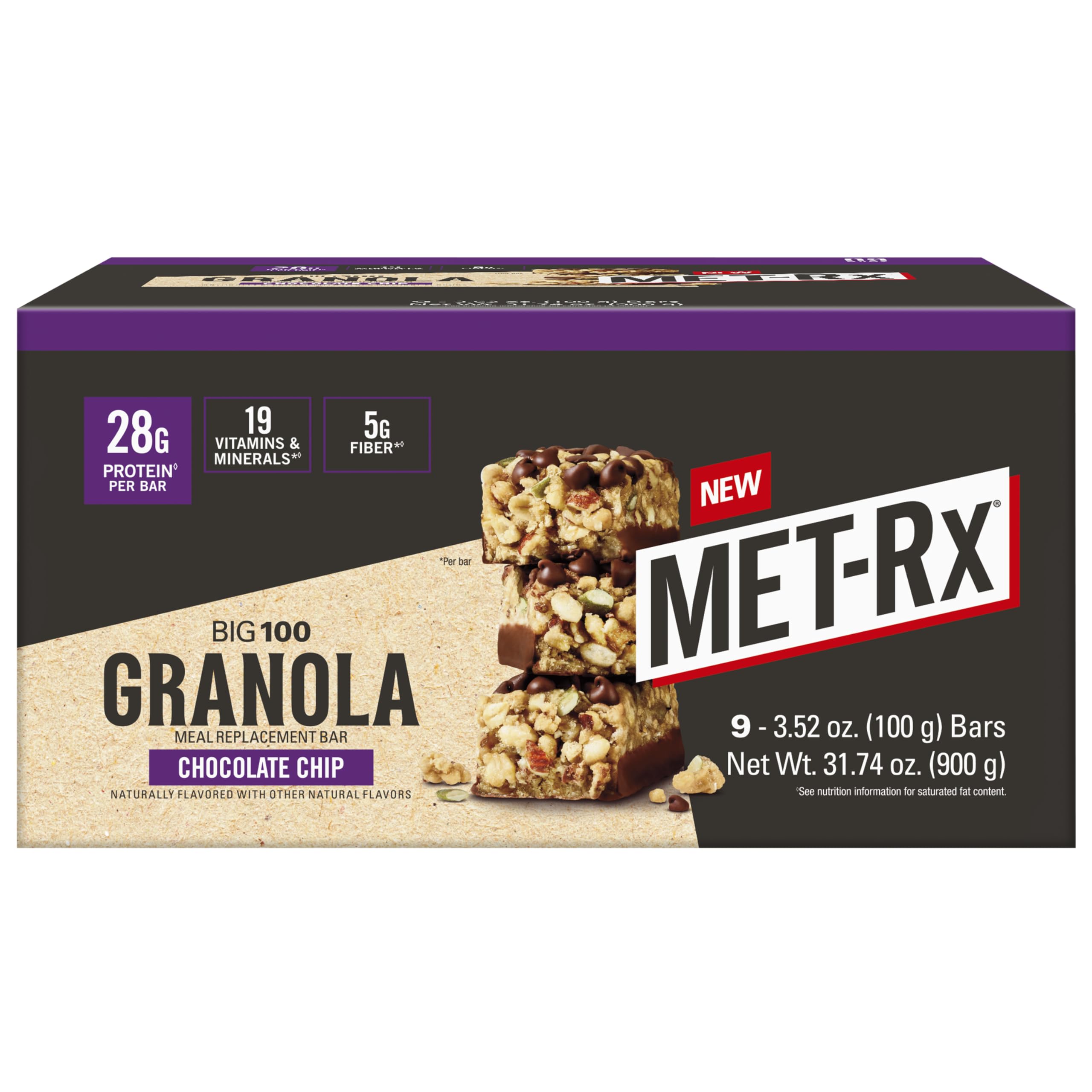 MET-Rx Big 100 Barre Granola chocolat et pépites, emballage pratique pour collation.