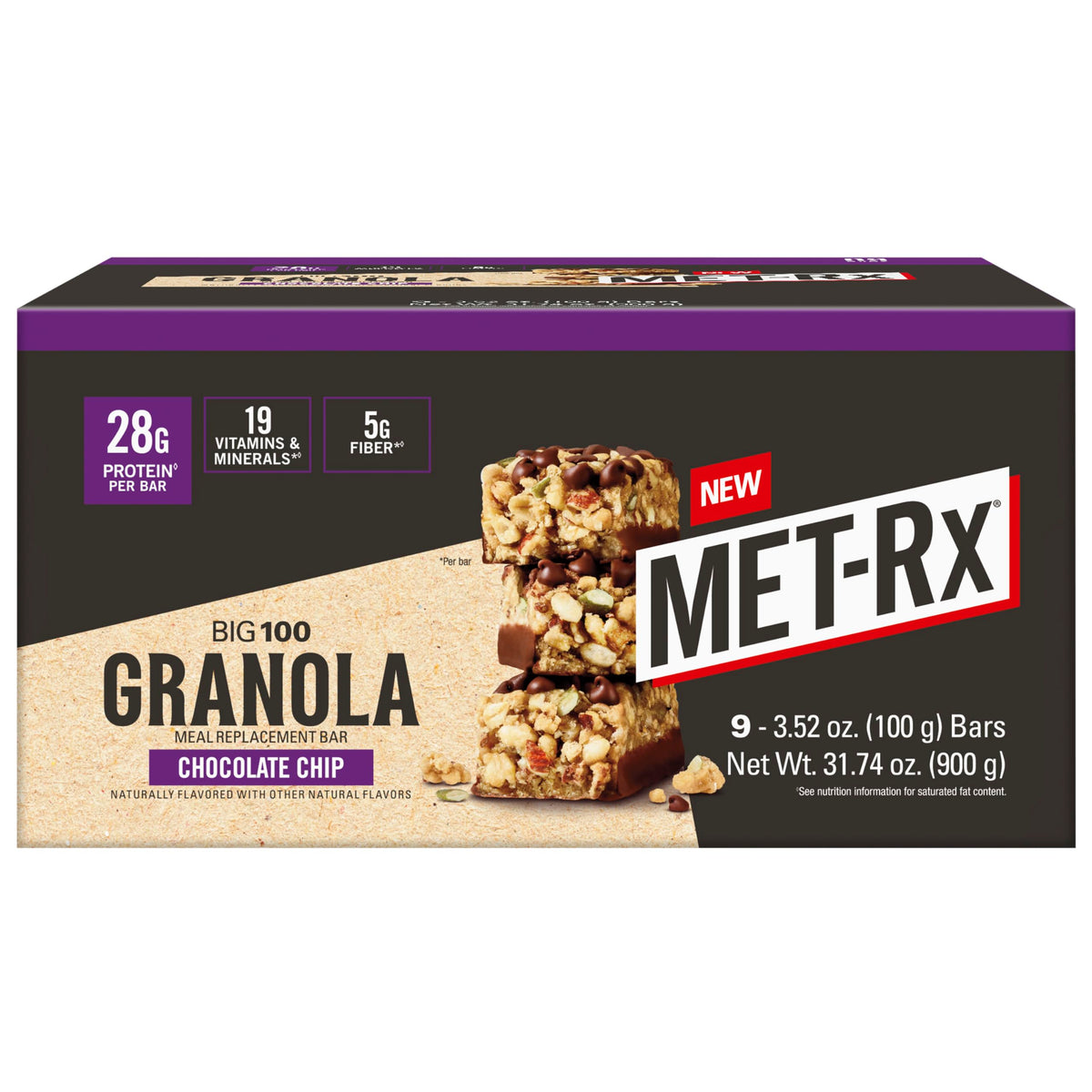 MET-Rx Big 100 Barre Granola chocolat et pépites, emballage pratique pour collation.