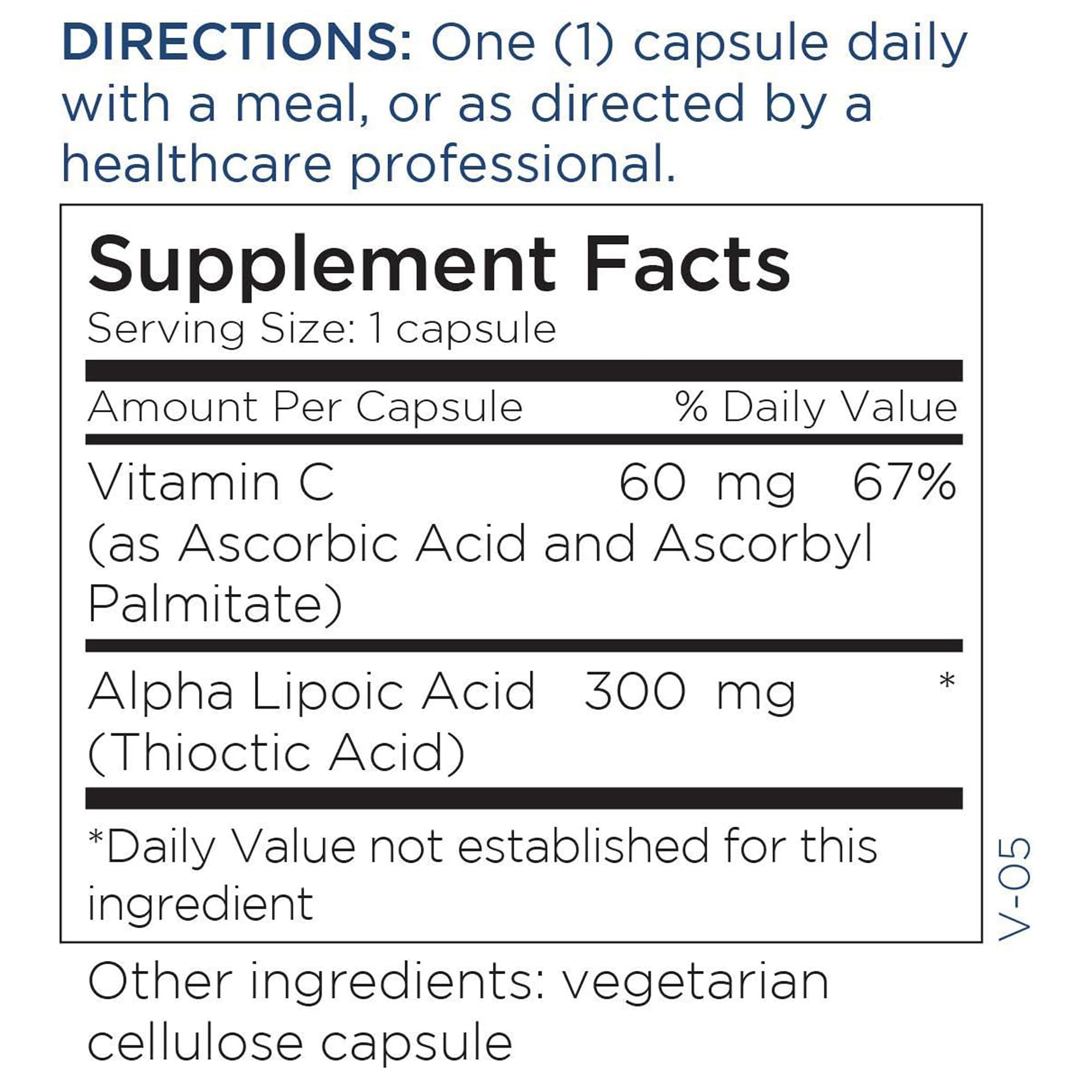 Flacon Metabolic Maintenance Alpha Lipoic Acid, capsules visibles et étiquette