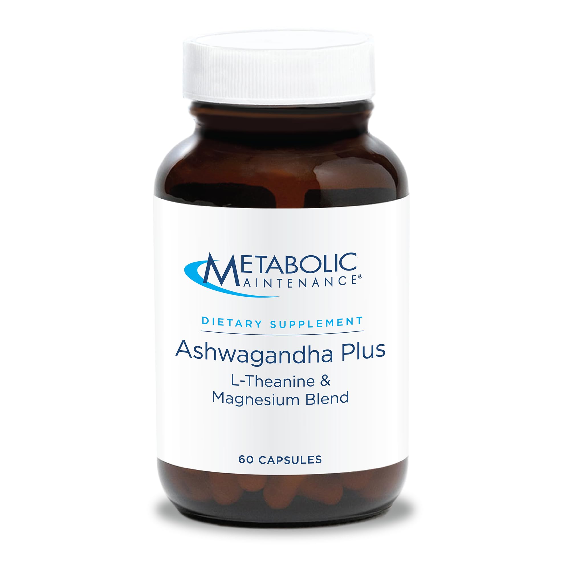 Metabolic Maintenance Ashwagandha Plus – bouteille et capsules, soutien du stress et du calme.