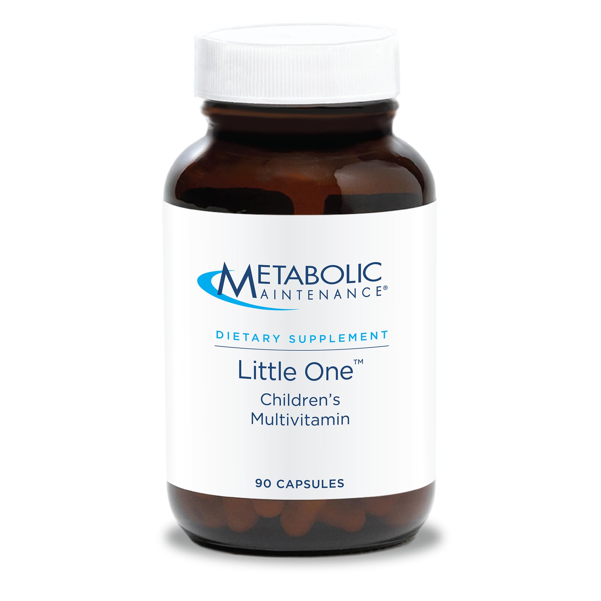Bouteille ambrée Metabolic Maintenance Little One protégeant les capsules.