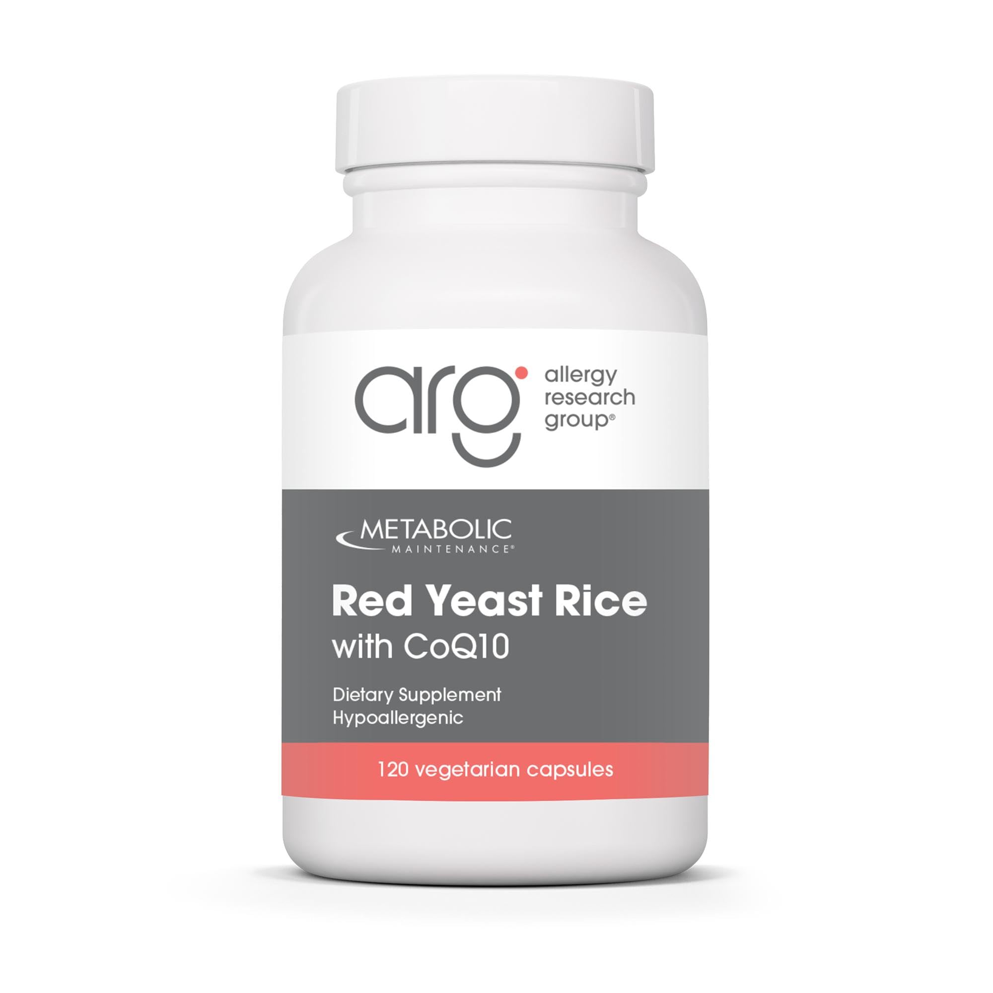 Metabolic Maintenance Riz Rouge CoQ10, bouteille montrée pour soutien cardiovasculaire potentiel.