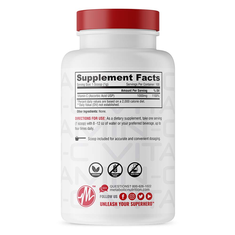 Poudre de9'acide ascorbique Metabolic Nutrition e0 absorption élevée.