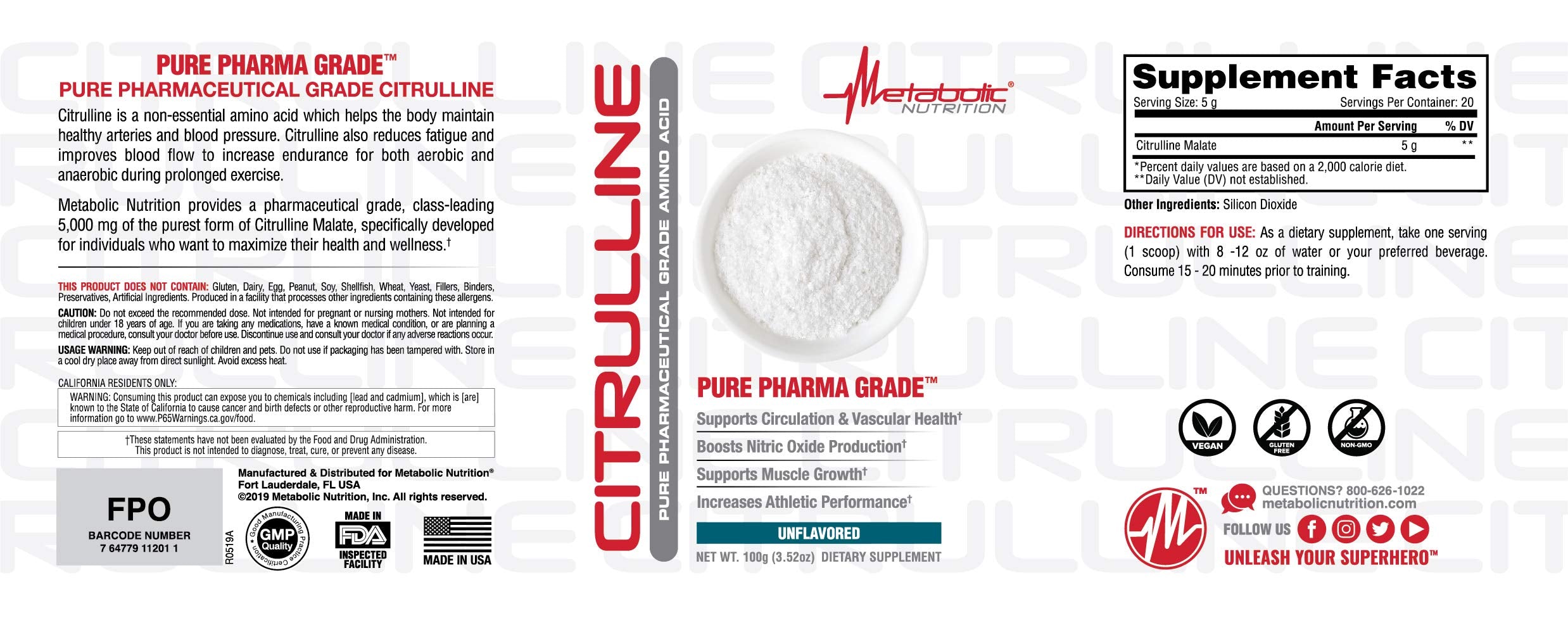 Flacon Citrulline Metabolic Nutrition transparent, pureté et dosage mis en avant.