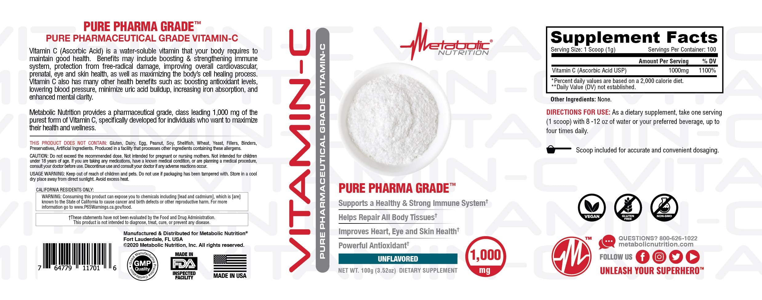 Emballage Metabolic Nutrition Vitamine C bouteille pour utilisation quotidienne.