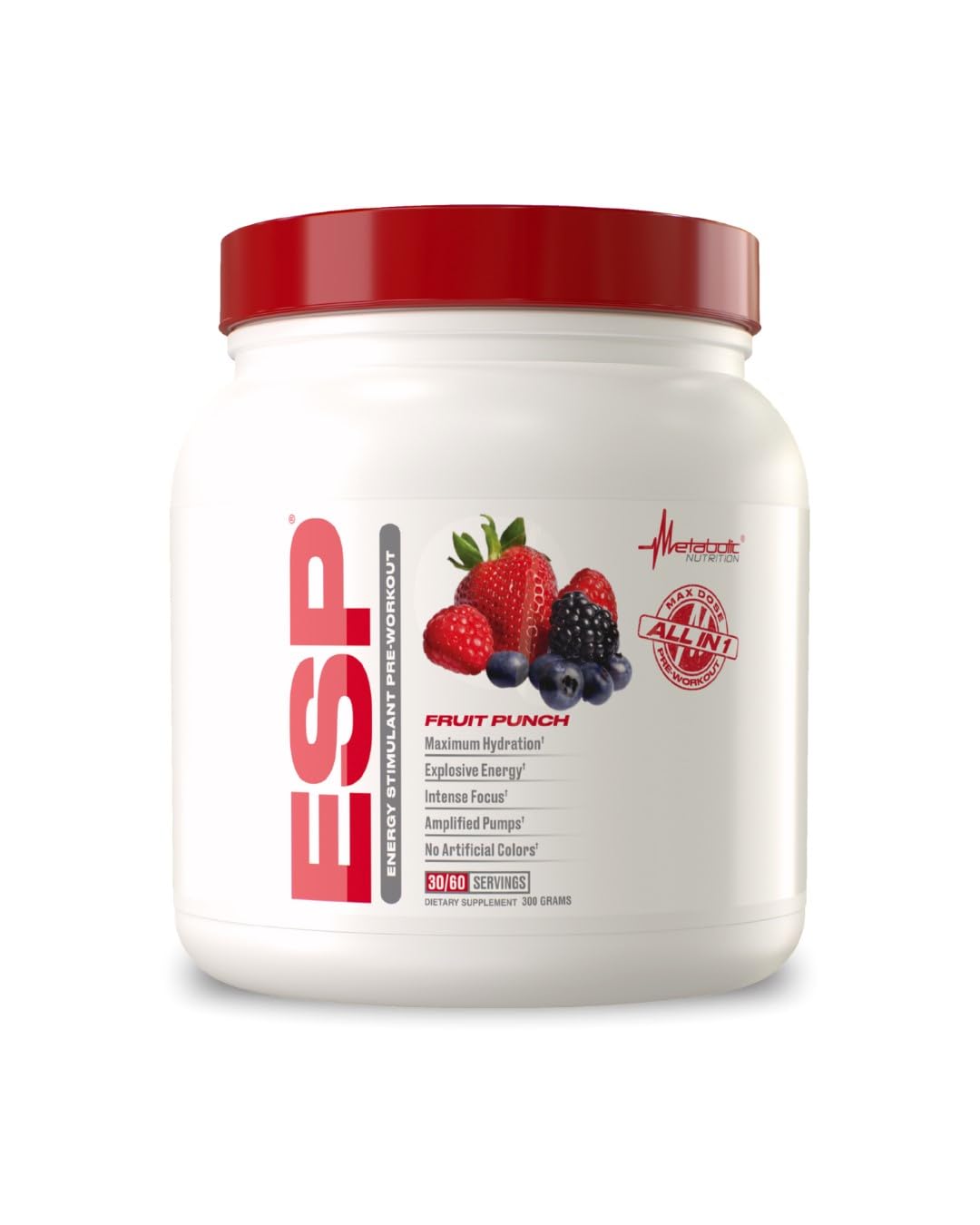 Bouteille Metabolic Nutrition ESP Fruit Punch, énergie et concentration potentielles.