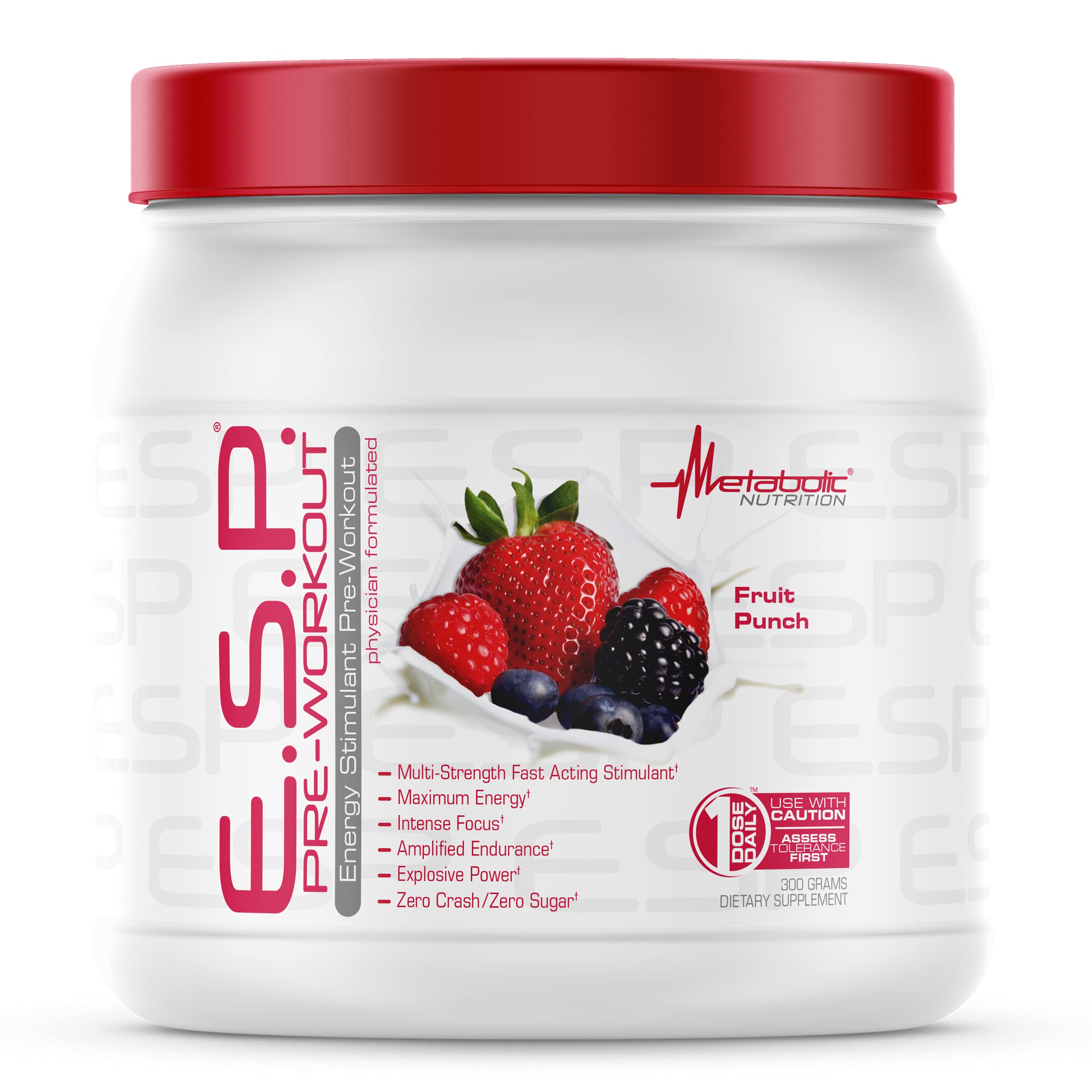 Étiquette Fruit Punch Metabolic Nutrition ESP, informations sur l’arôme et les usages.