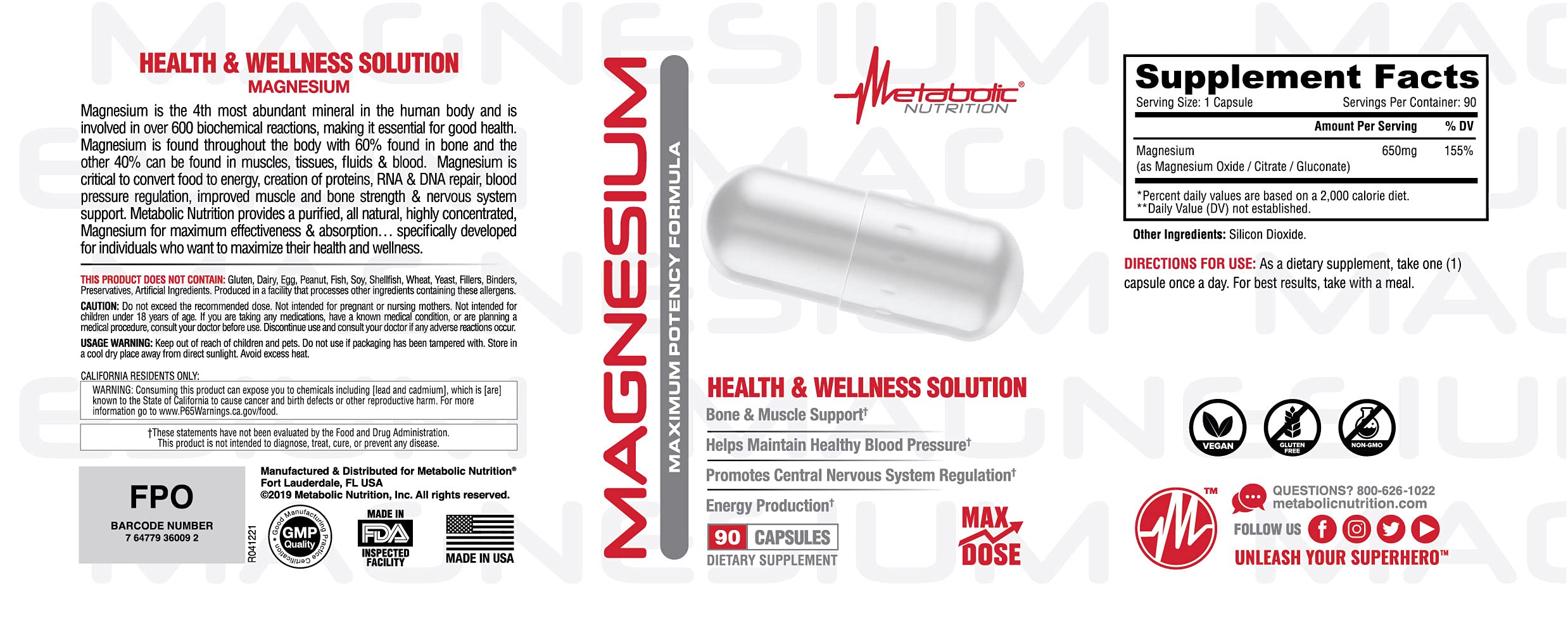 Metabolic Nutrition Magnésium 650 mg - etiquette-produit, informations claires et sans gluten.