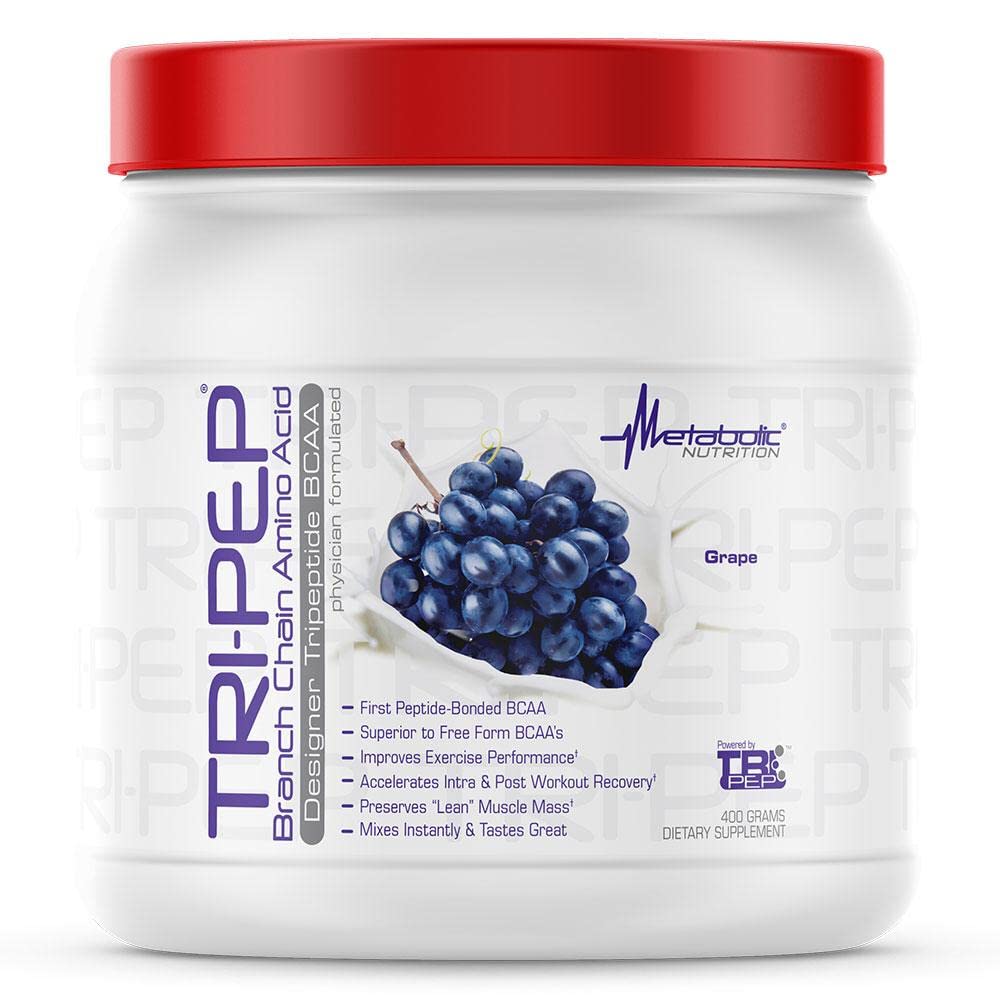 Pot TRIPEP Metabolic Nutrition 400 g goût raisin, prêt pour l'entraînement.