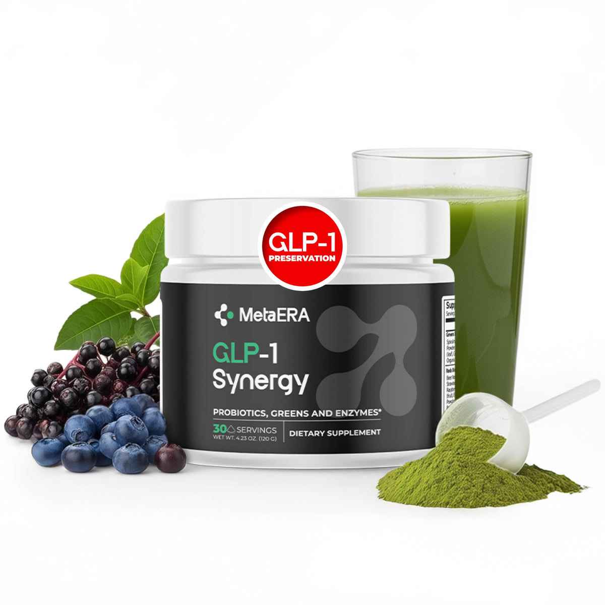 METAERA GLP-1 Synergy : bouteille et étiquette montrant le produit naturel et équilibrant.