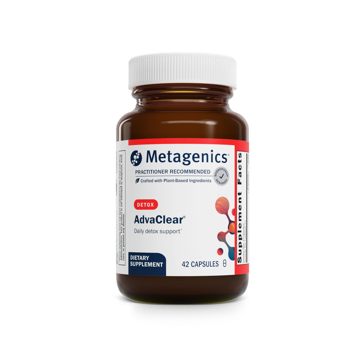 Metagenics AdvaClear — Bouteille et dosage, soutien detox potentiel.