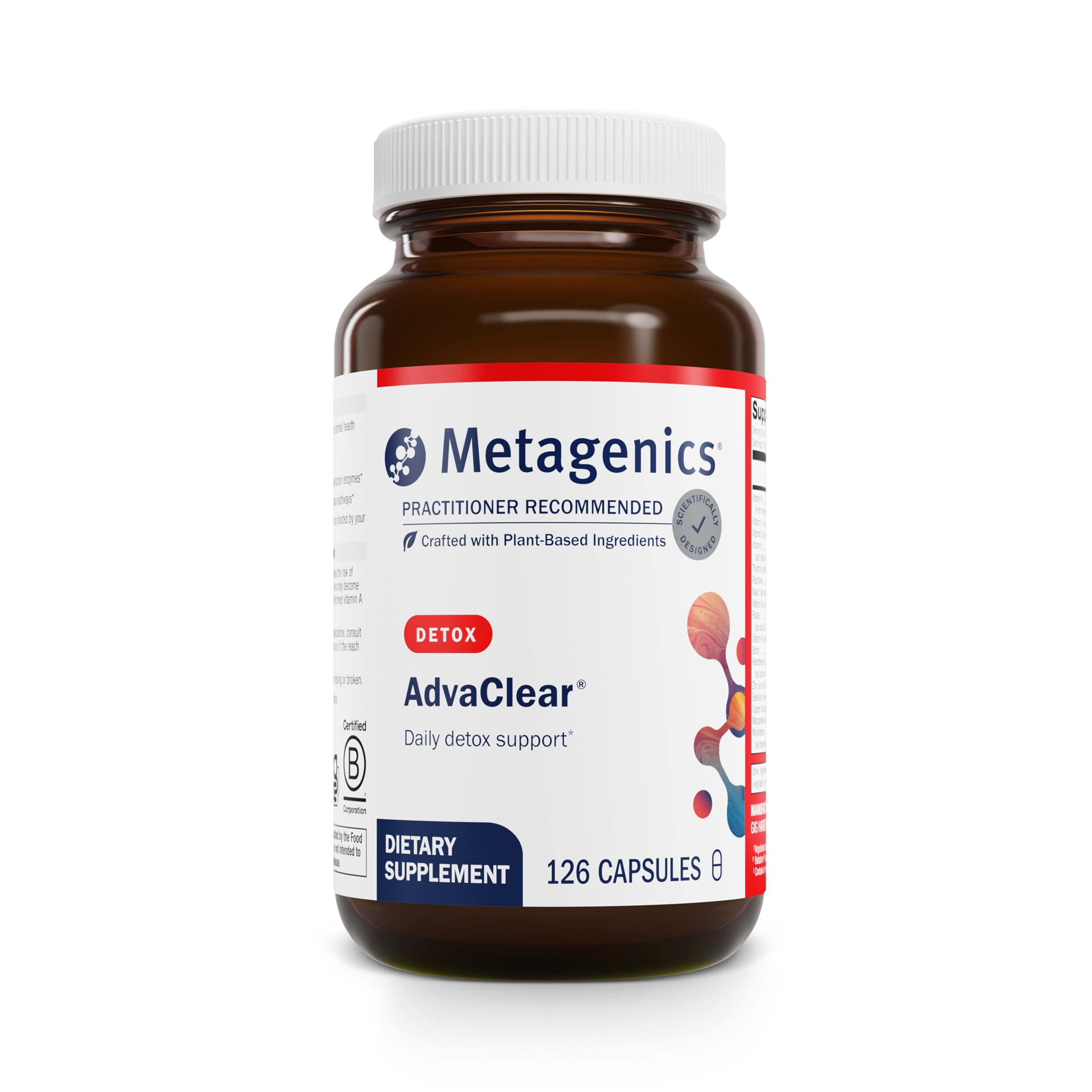 Metagenics AdvaClear montre la bouteille, soutien quotidien au foie et à l'immunité.