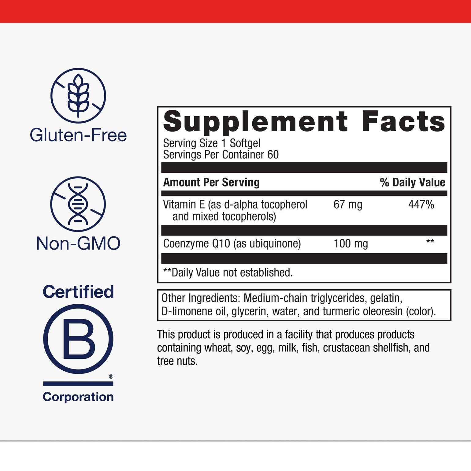 Metagenics CoQ10 ST-100, capsules et vitamine E, antioxydants potentiels.
