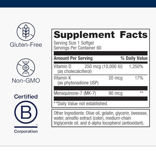 Le flacon Metagenics D3 + K2 détaille le format sans gluten et sans OGM.