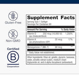 Le flacon Metagenics D3 + K2 détaille le format sans gluten et sans OGM.