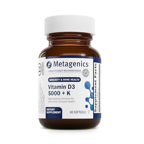 Metagenics D3K2 – bouteille ouverte et capsules, soutien des os et de l’immunité.