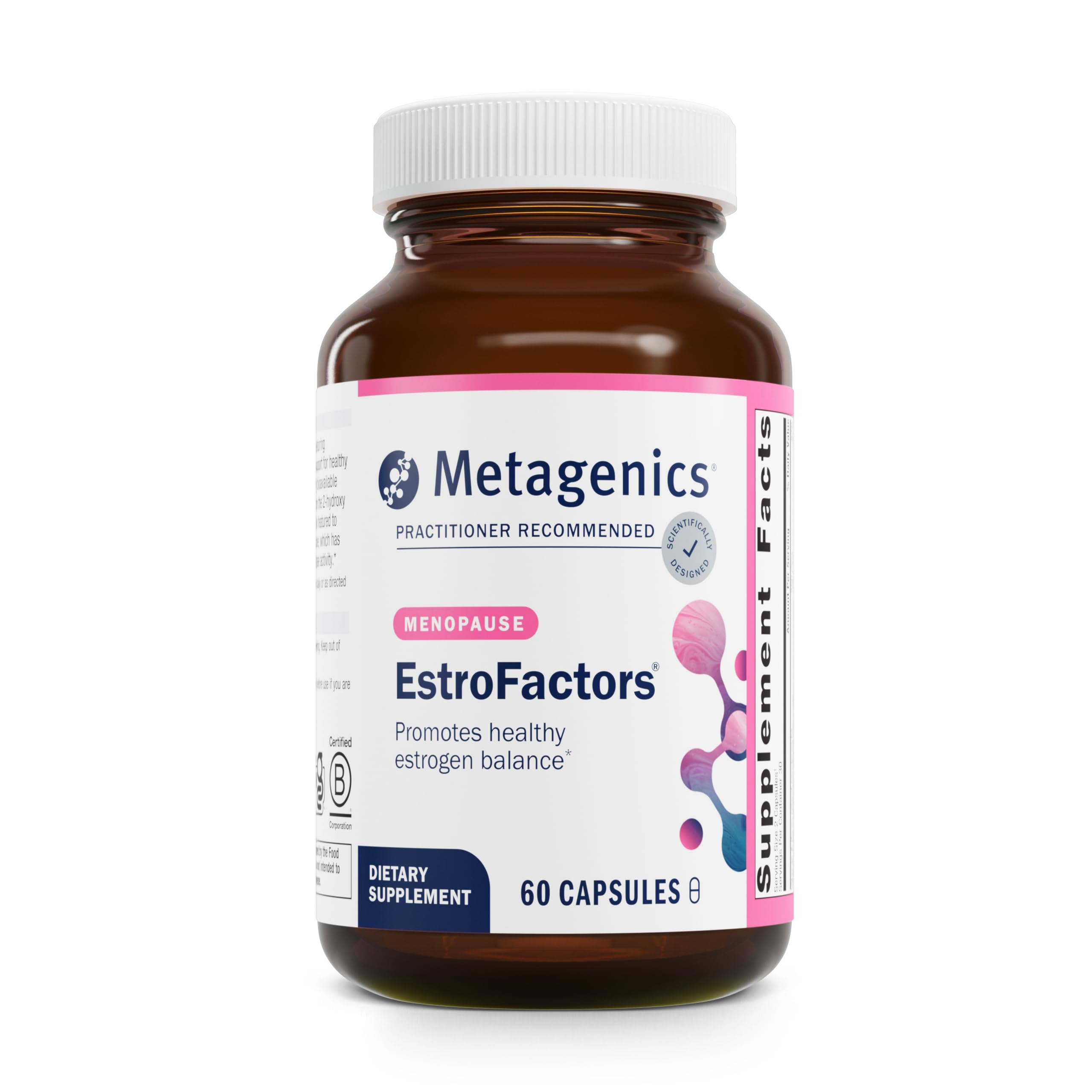 Metagenics EstroFactors – Bouteille et comprimés, soutien potentiel au métabolisme des œstrogènes.
