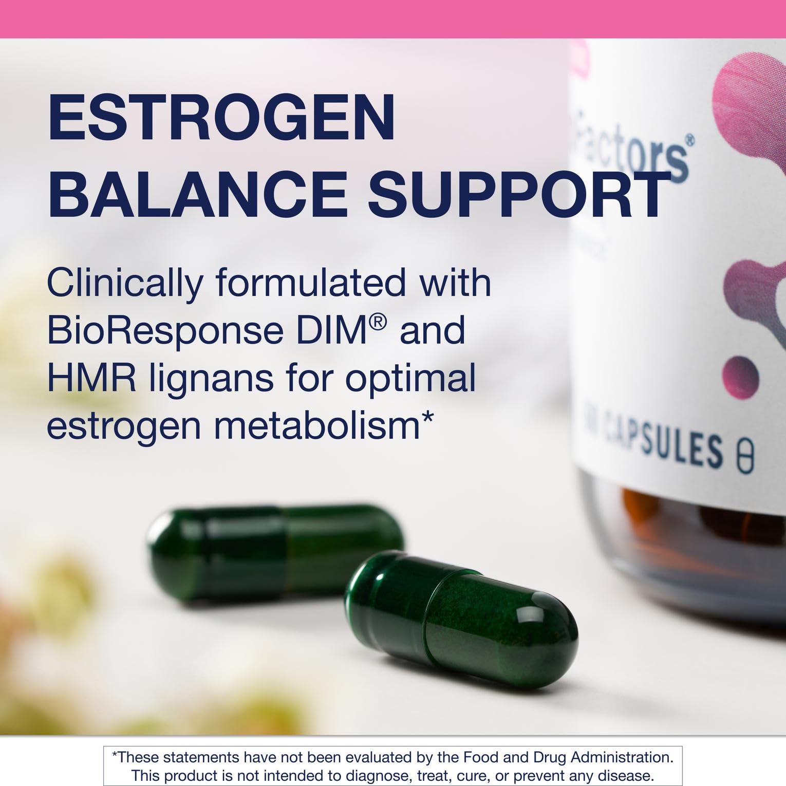 Emballage extérieur Metagenics EstroFactors, produit non-OGM et sans gluten.