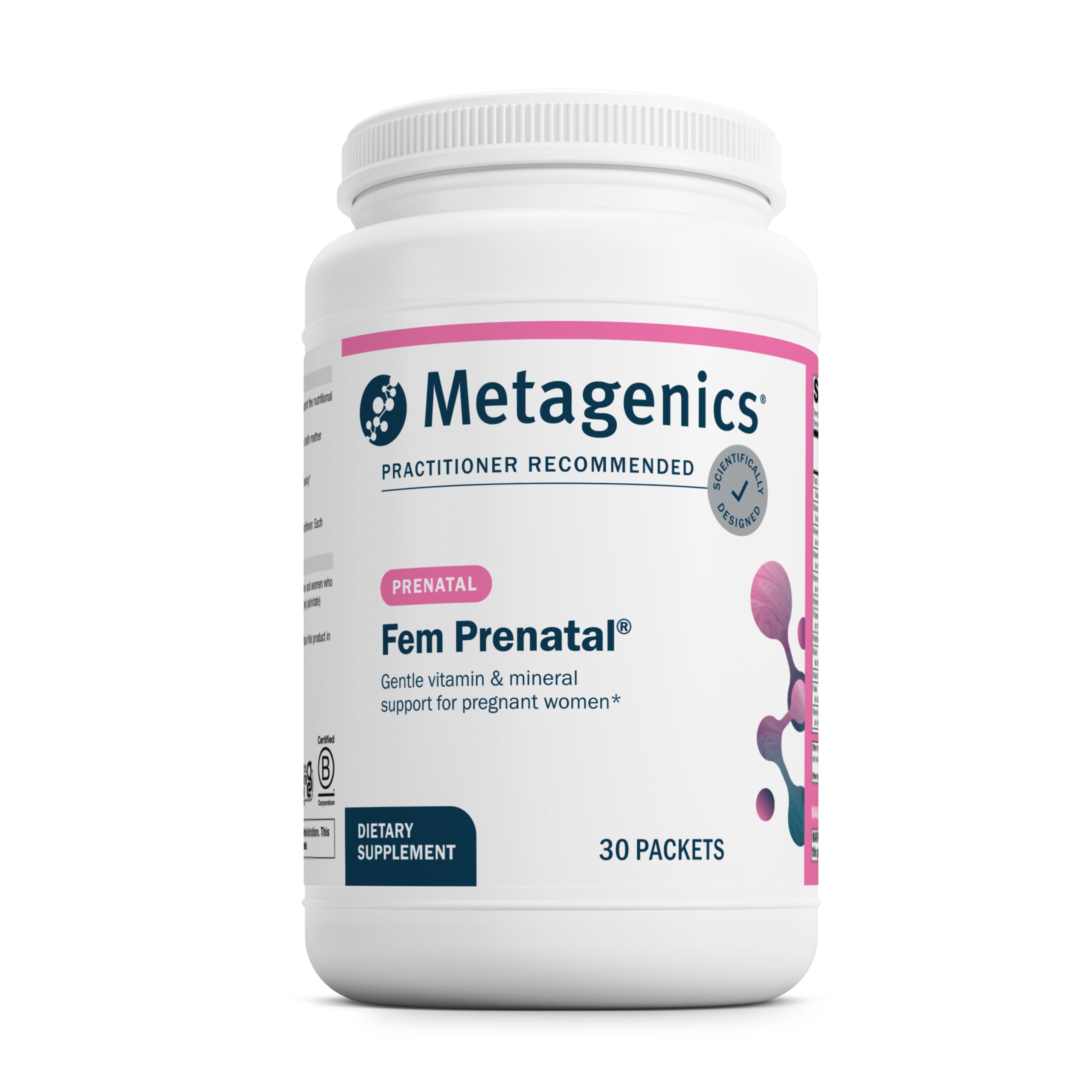 Metagenics Fem Prenatal dans sa boîte, pratique et prête à l'emploi.