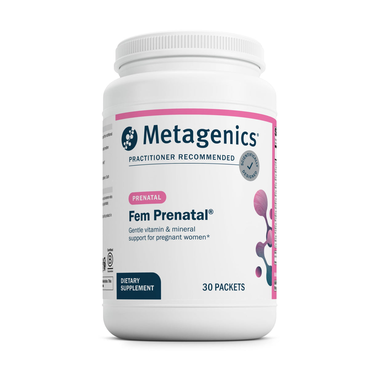 Metagenics Fem Prenatal dans sa boîte, pratique et prête à l'emploi.
