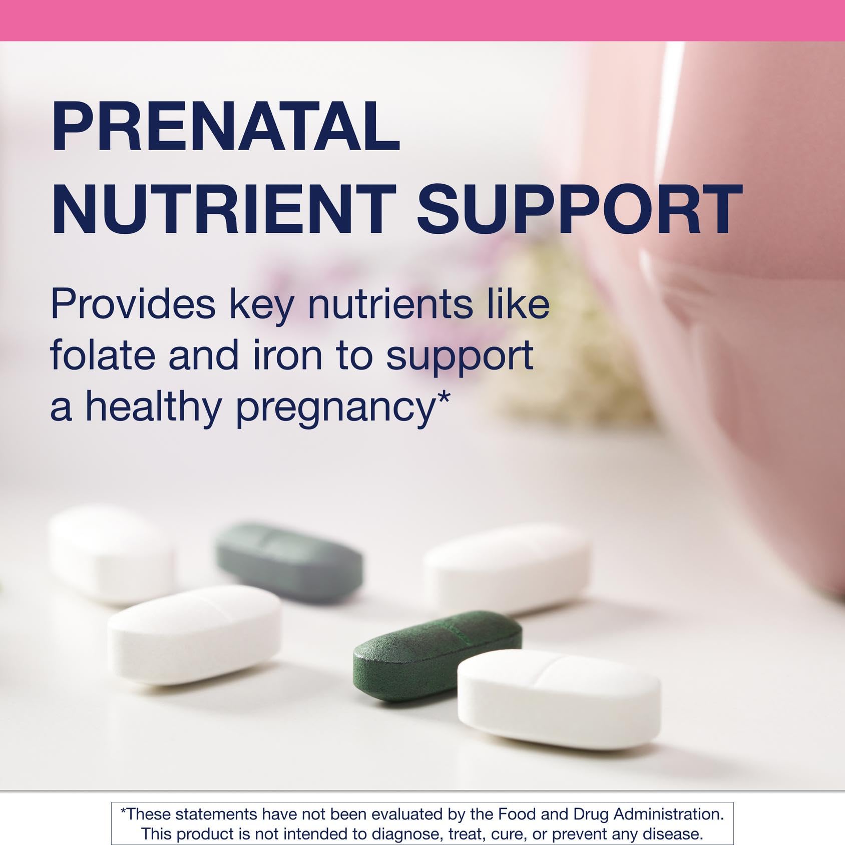 Ingrédients clés Metagenics Fem Prenatal visibles sur l'emballage.
