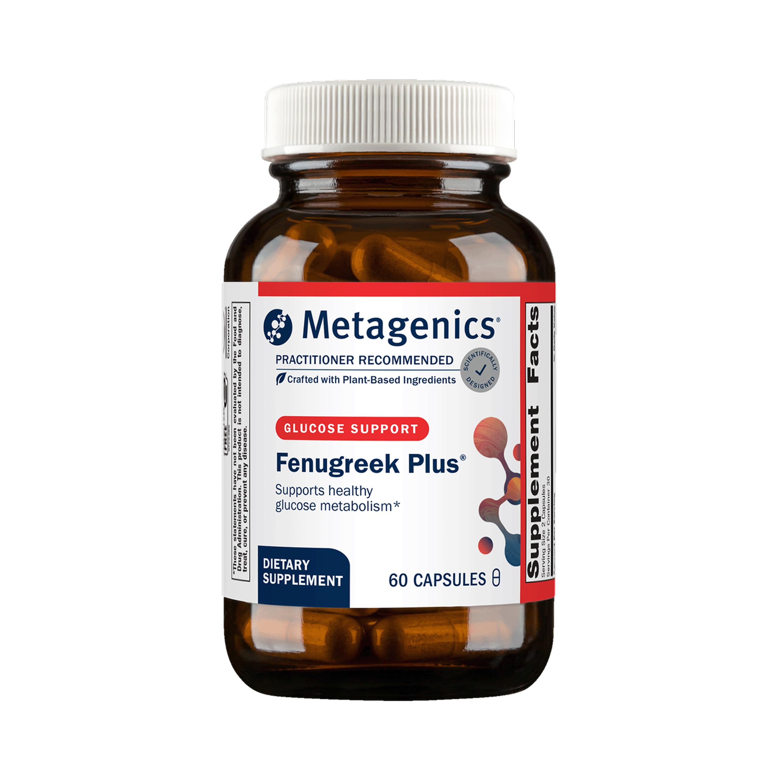 Générique: bouteille Metagenics Fenugreek Plus sur fond neutre pour visibilité de la marque.