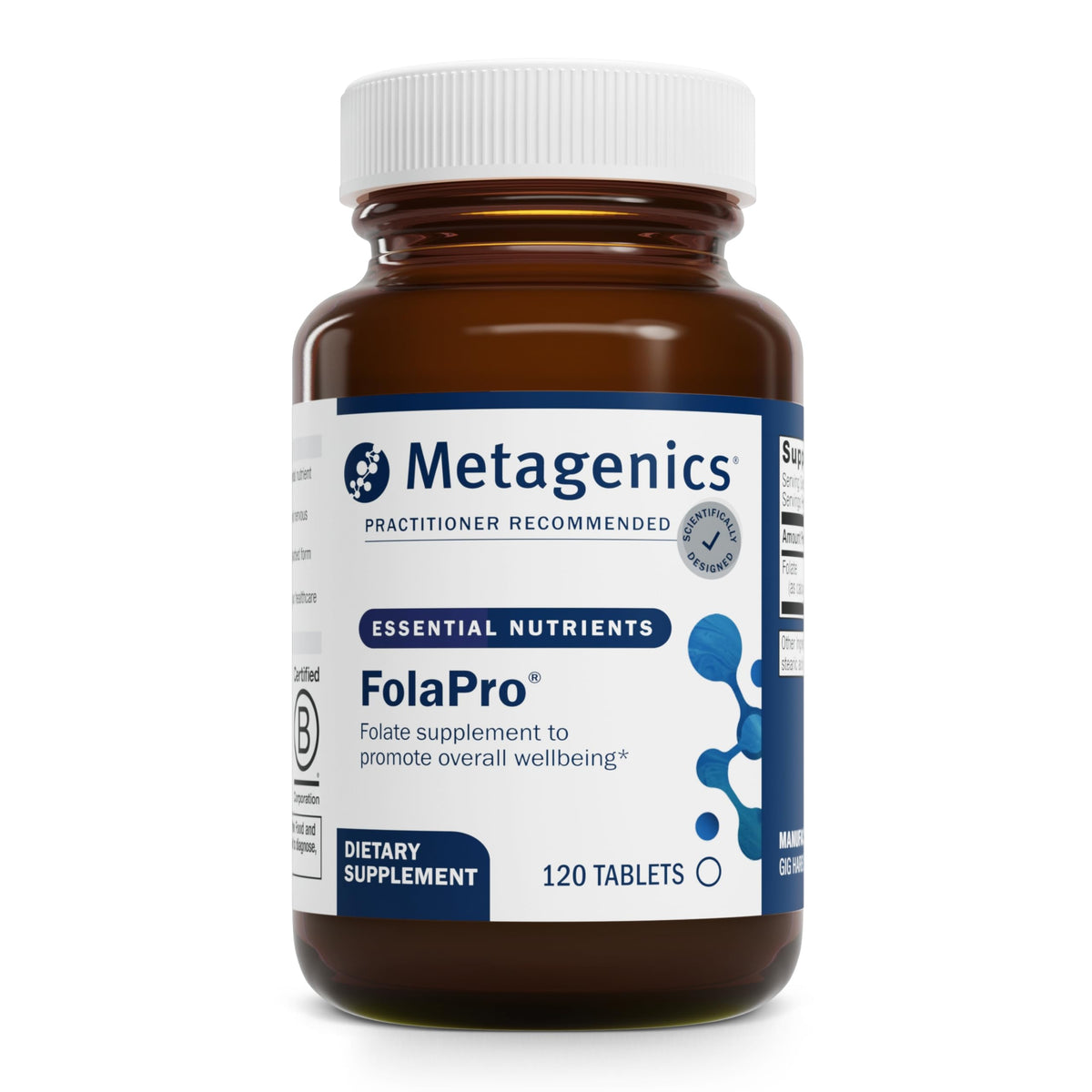 Metagenics FolaPro, tablettes visibles, soutien potentiel à la méthylation.