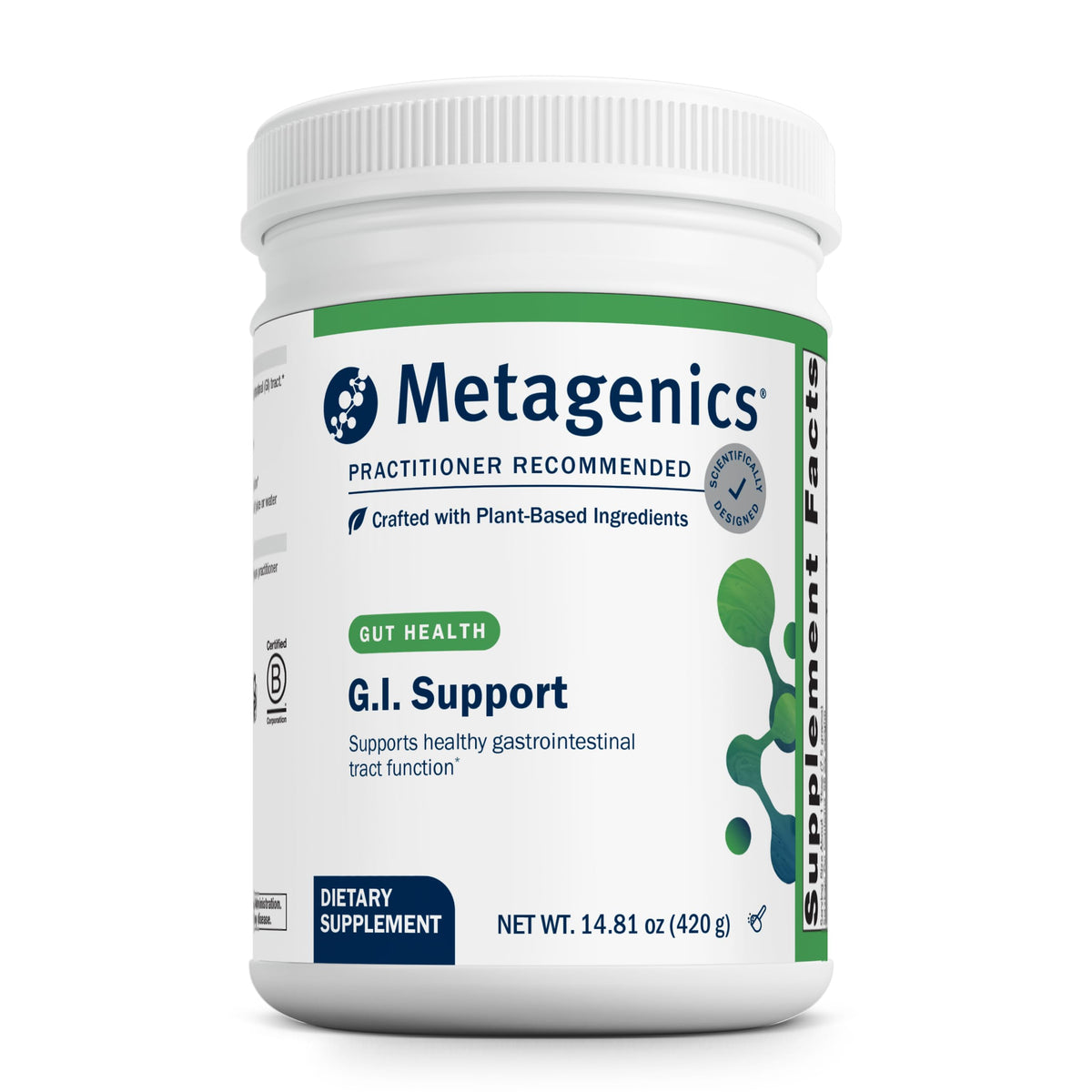 Metagenics G.I. Support, bouteille visible, offre un soutien digestif quotidien.