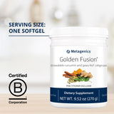 Doseur Metagenics Golden Fusion prêt à mélanger dans une boisson.