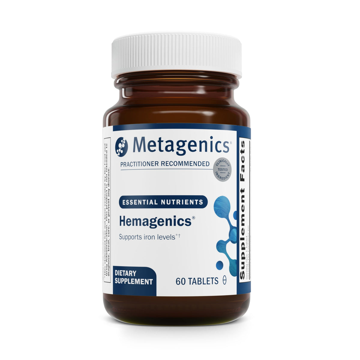Metagenics Hemagenics, bouteille de comprimés, soutien fer et vitamines B pour l'énergie.