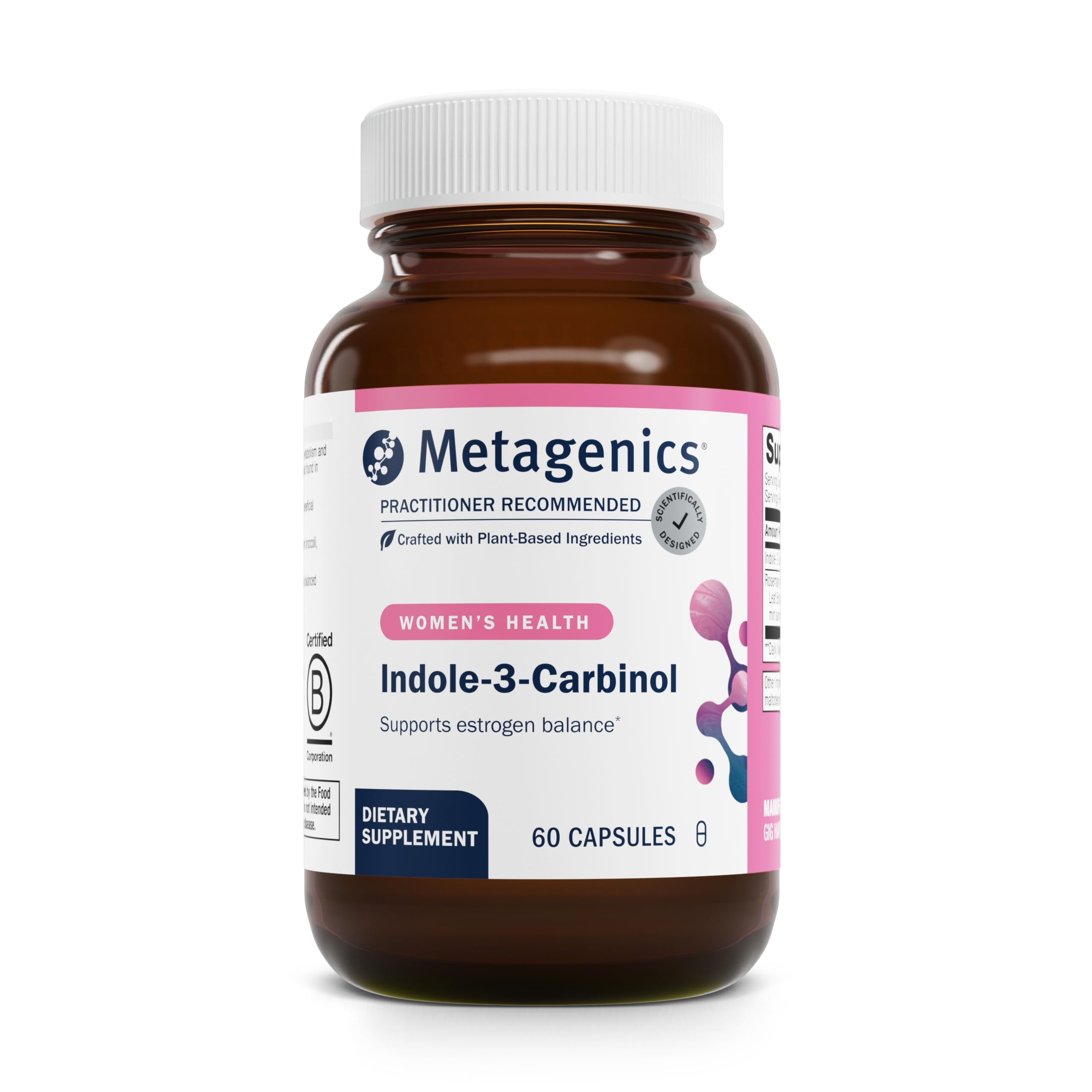 Metagenics Meta Indole-3-Carbinol, bouteille de capsules, soutien potentiel à l’équilibre hormonal.