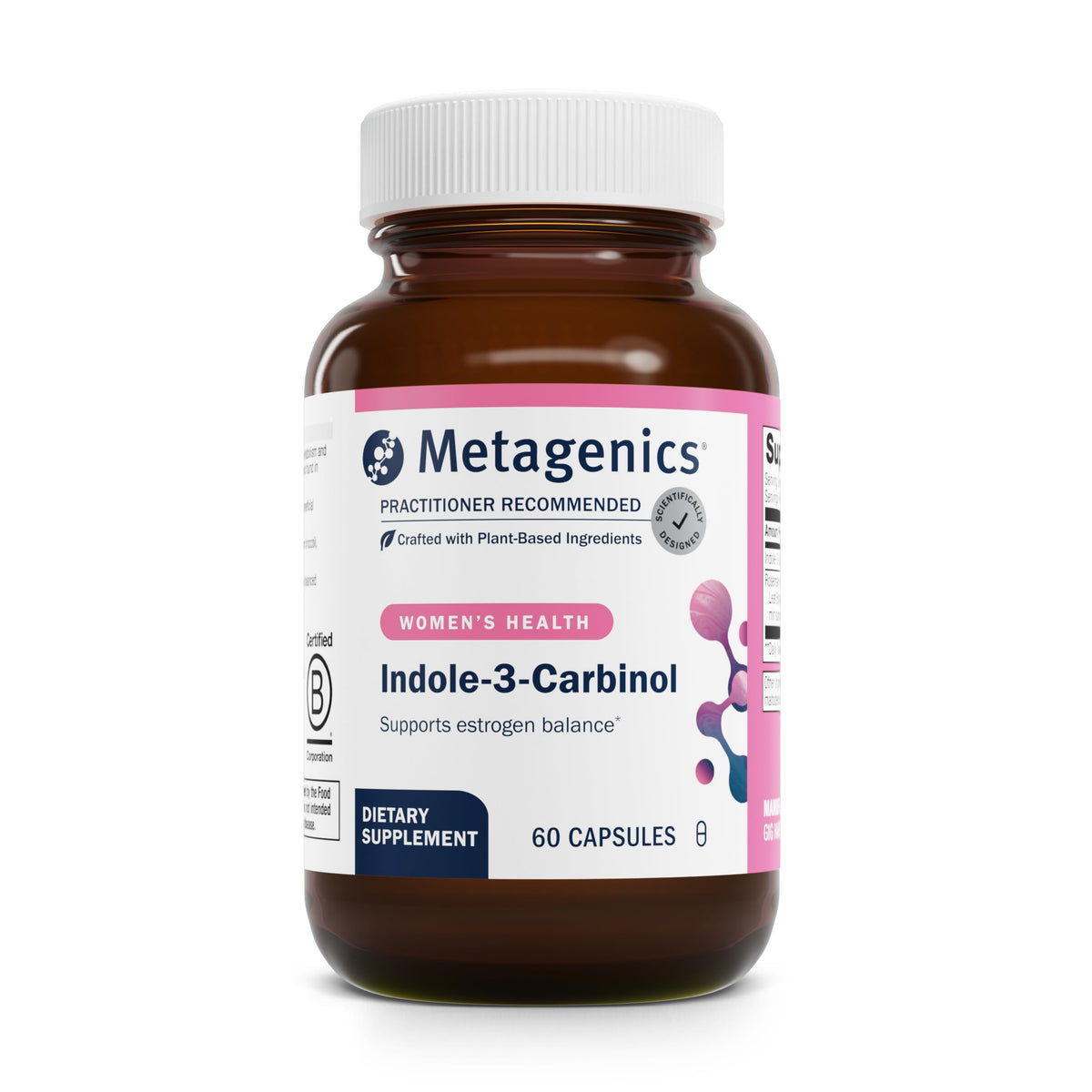 Metagenics Meta Indole-3-Carbinol, bouteille de capsules, soutien potentiel à l’équilibre hormonal.