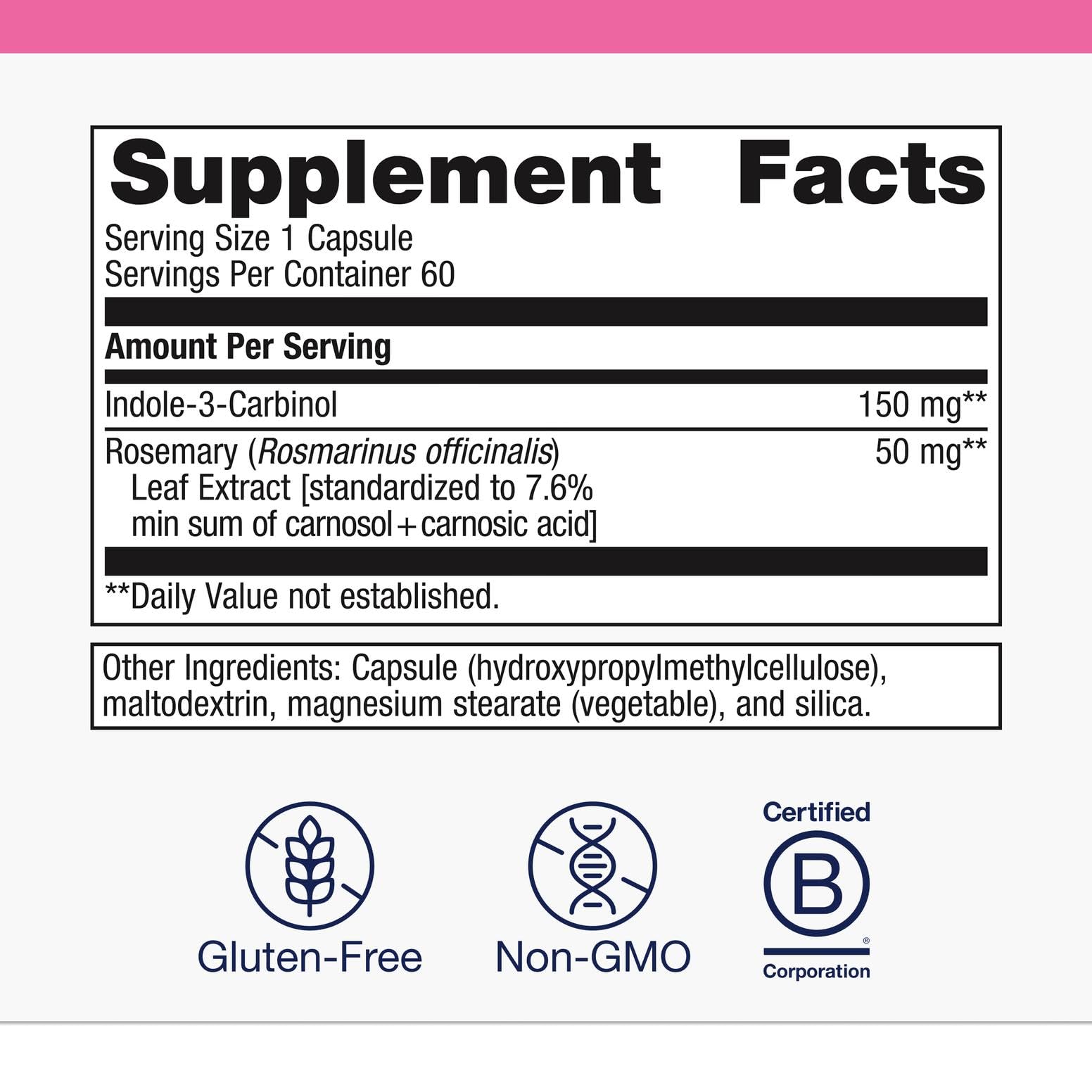 Étiquette Metagenics Meta Indole-3-Carbinol, indicateur de dosage précis et qualité.