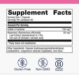 Étiquette Metagenics Meta Indole-3-Carbinol, indicateur de dosage précis et qualité.