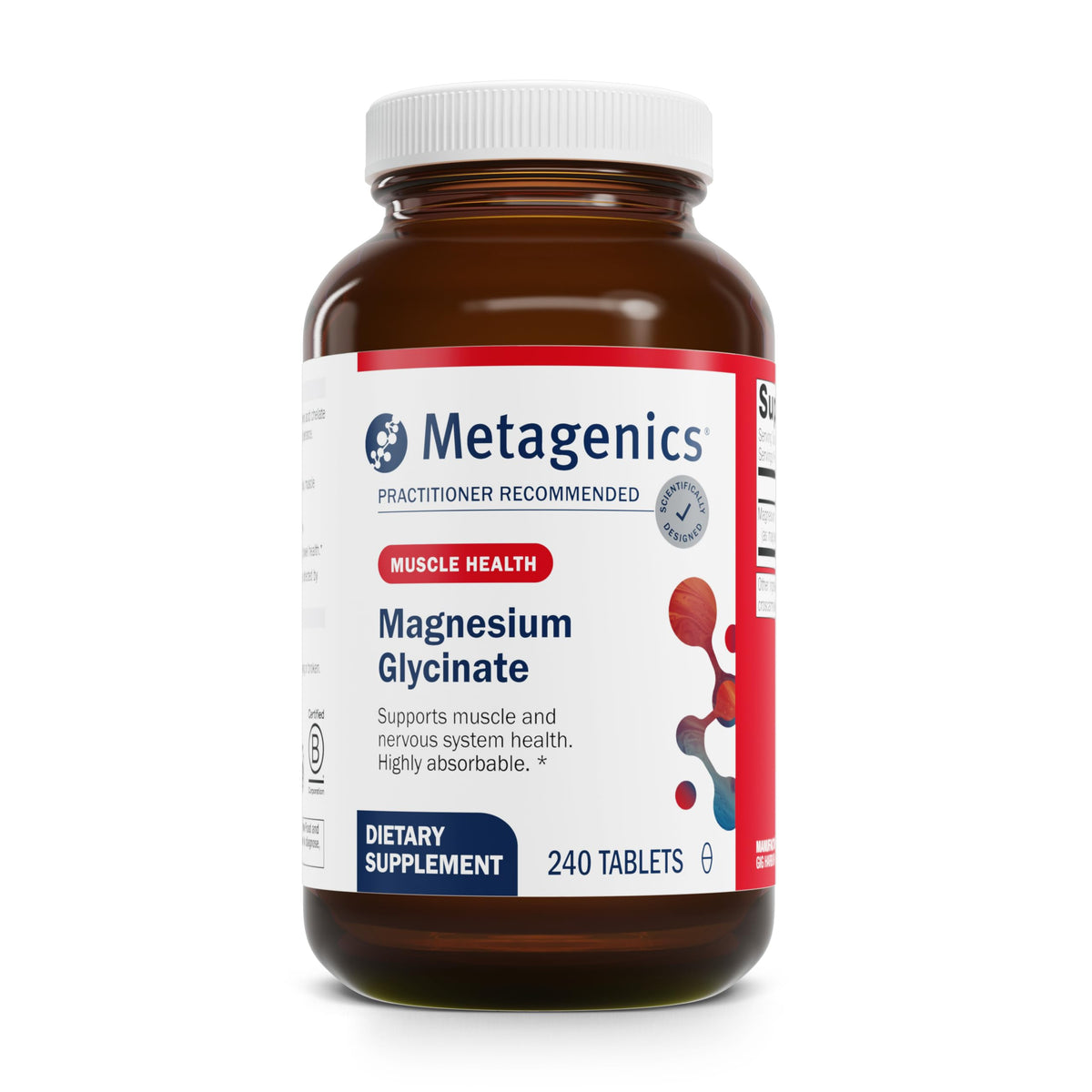 Metagenics Magnesium Glycinate – bouteille et versement, soutien potentiel à la relaxation et au sommeil
