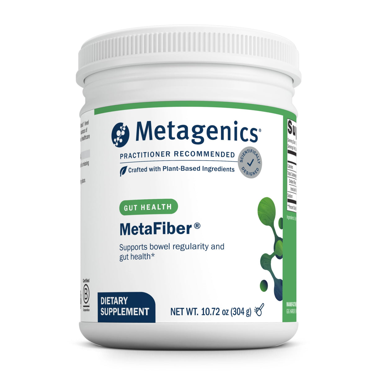 Emballage Metagenics MetaFiber, pratique à ranger dans la cuisine.