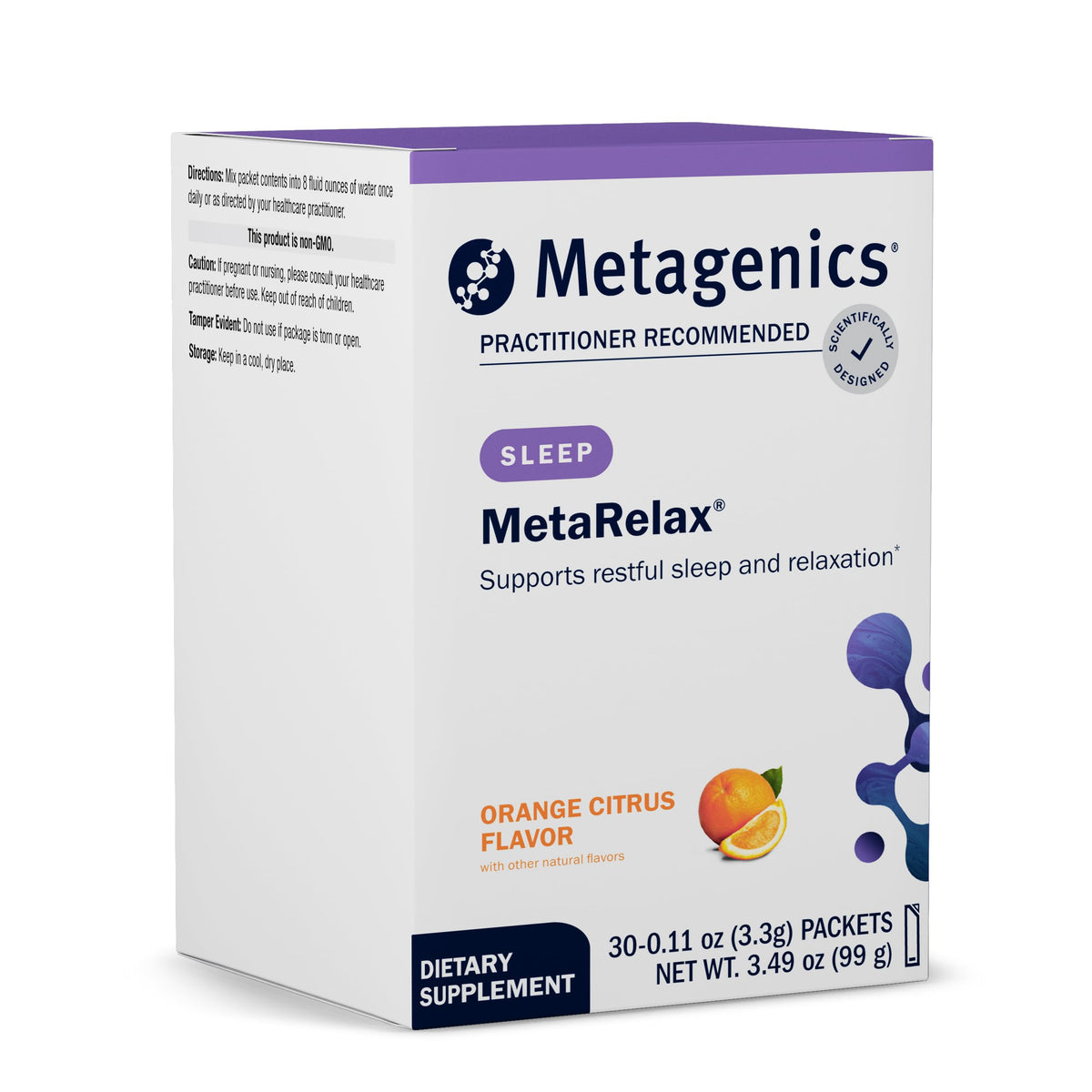 MetaRelax poudre orange-citron en boîte, favorisant la détente