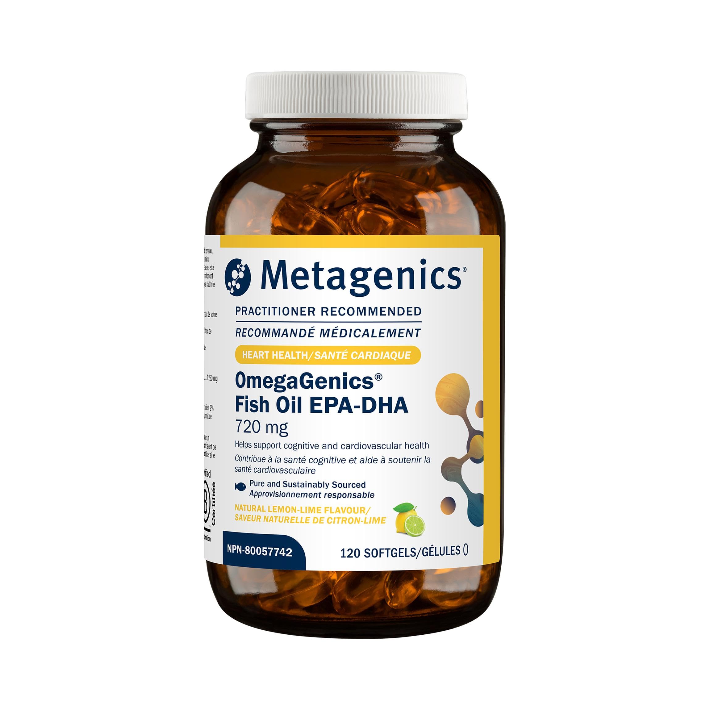 Bouteille Metagenics OmegaGenics Omega-3 prête à l'emploi, potentiel soutien du cœur.