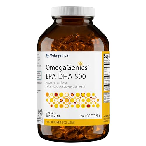 Metagenics OmegaGenics EPA-DHA 500 – bouteille sur fond clair, soutien potentiel à la santé cardiovasculaire.
