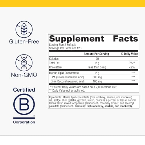 Metagenics OmegaGenics EPA-DHA 500 – emballage durable, respectueux de l’environnement et sans gluten.