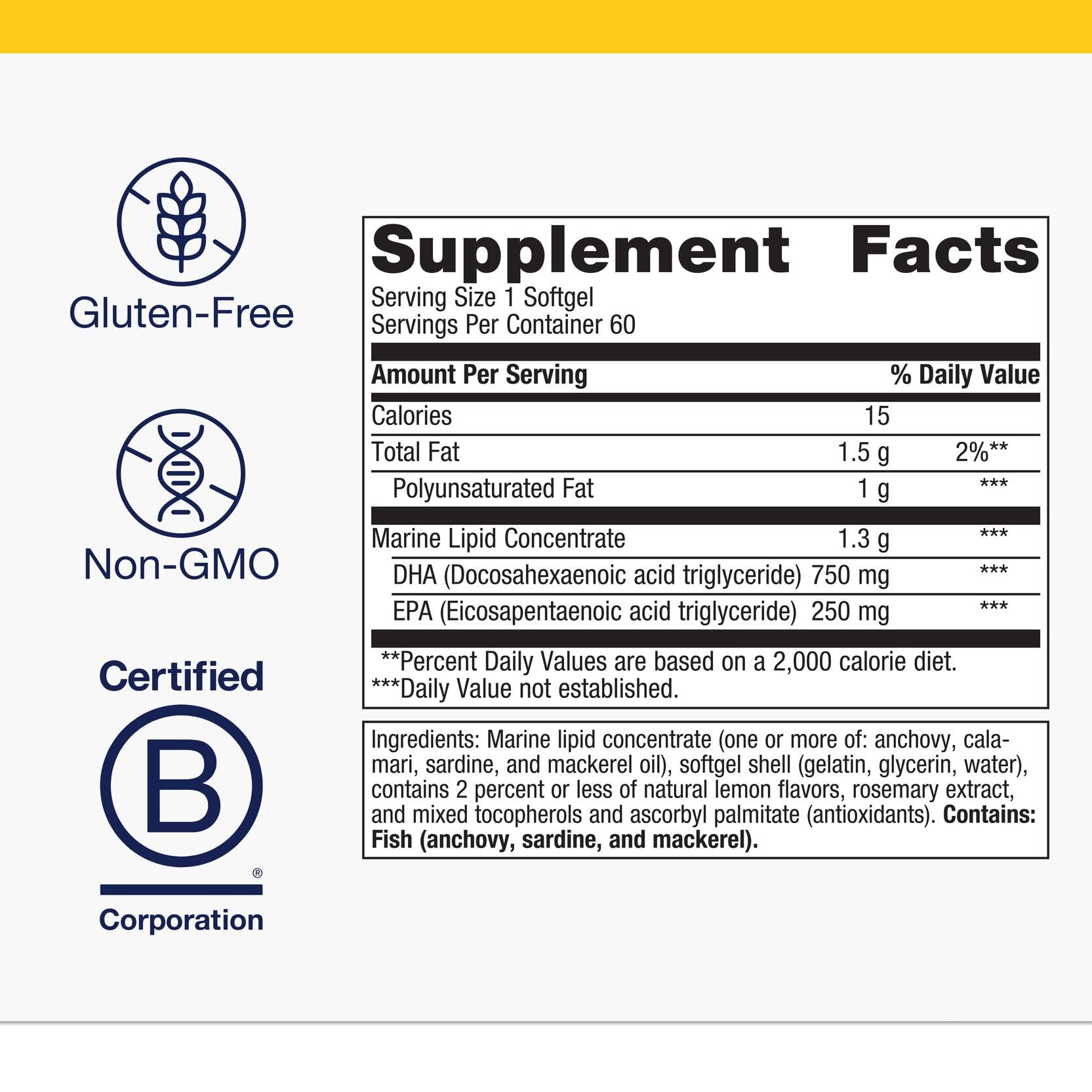 Étiquette Metagenics OmegaGenics montrant sans OGM et sans gluten