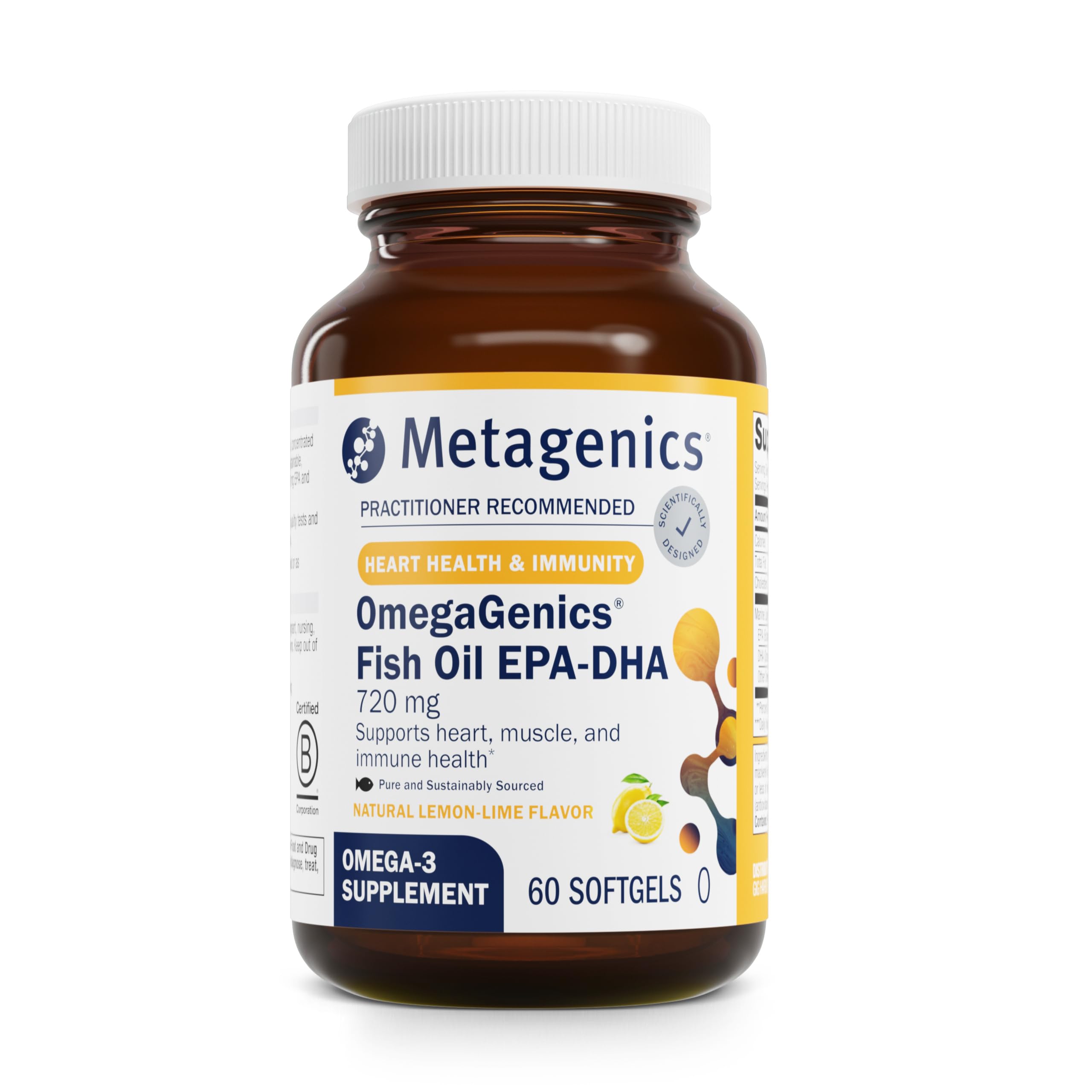 Metagenics OmegaGenics, bouteille d'huile poisson EPA-DHA 720 mg, pratique pour un apport quotidien.