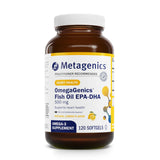 Metagenics OmegaGenics EPA-DHA 500, bouteille softgels visible, soutien potentiel au cœur.