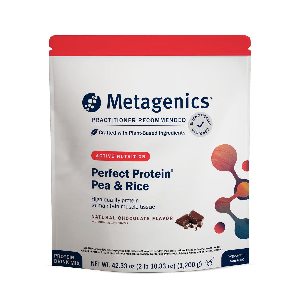 Metagenics Perfect Protein Pois et Riz emballage chocolat, apport protéique végétal quotidien.