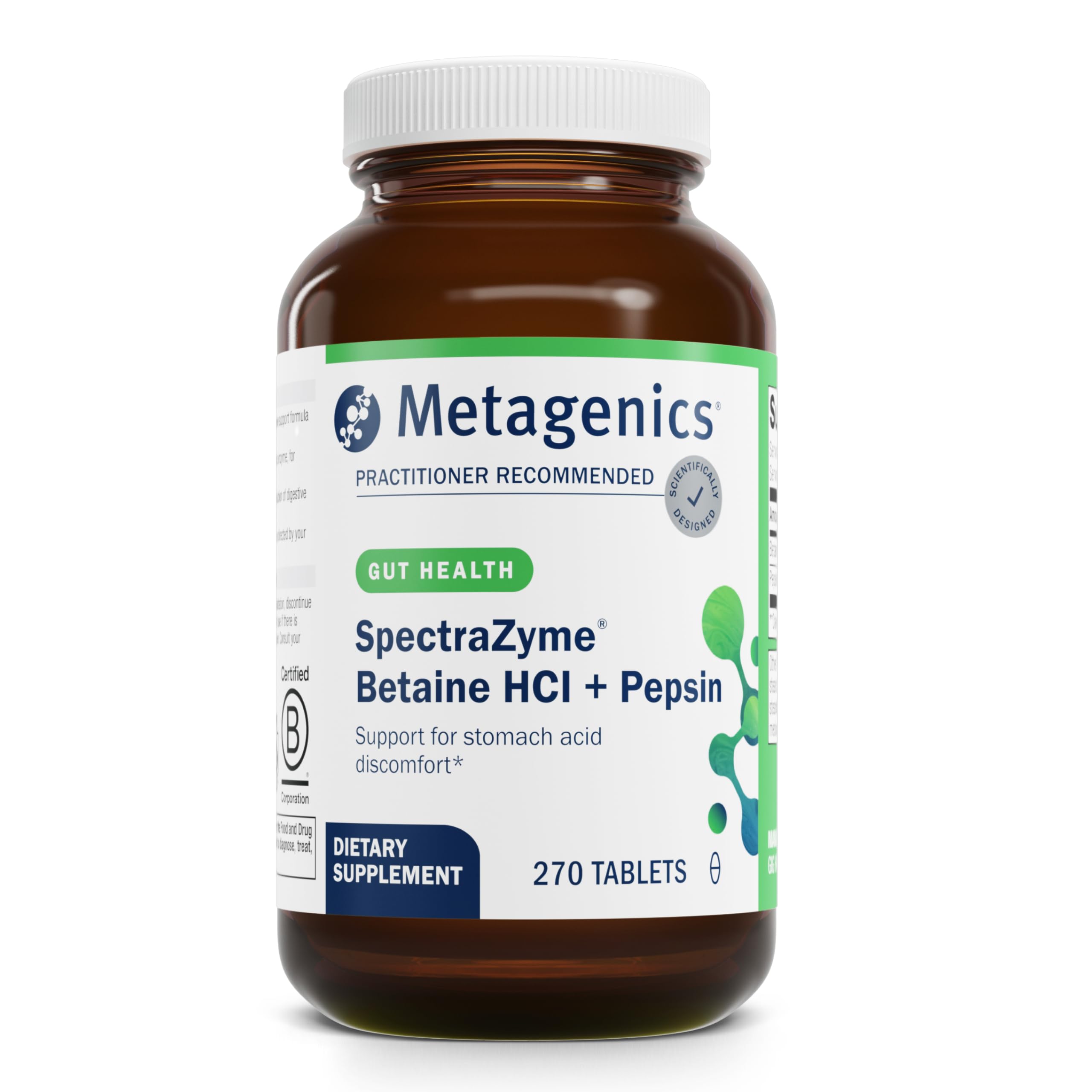 Metagenics Spectrazyme - bouteille et capsules pour soutien digestif potentiel.