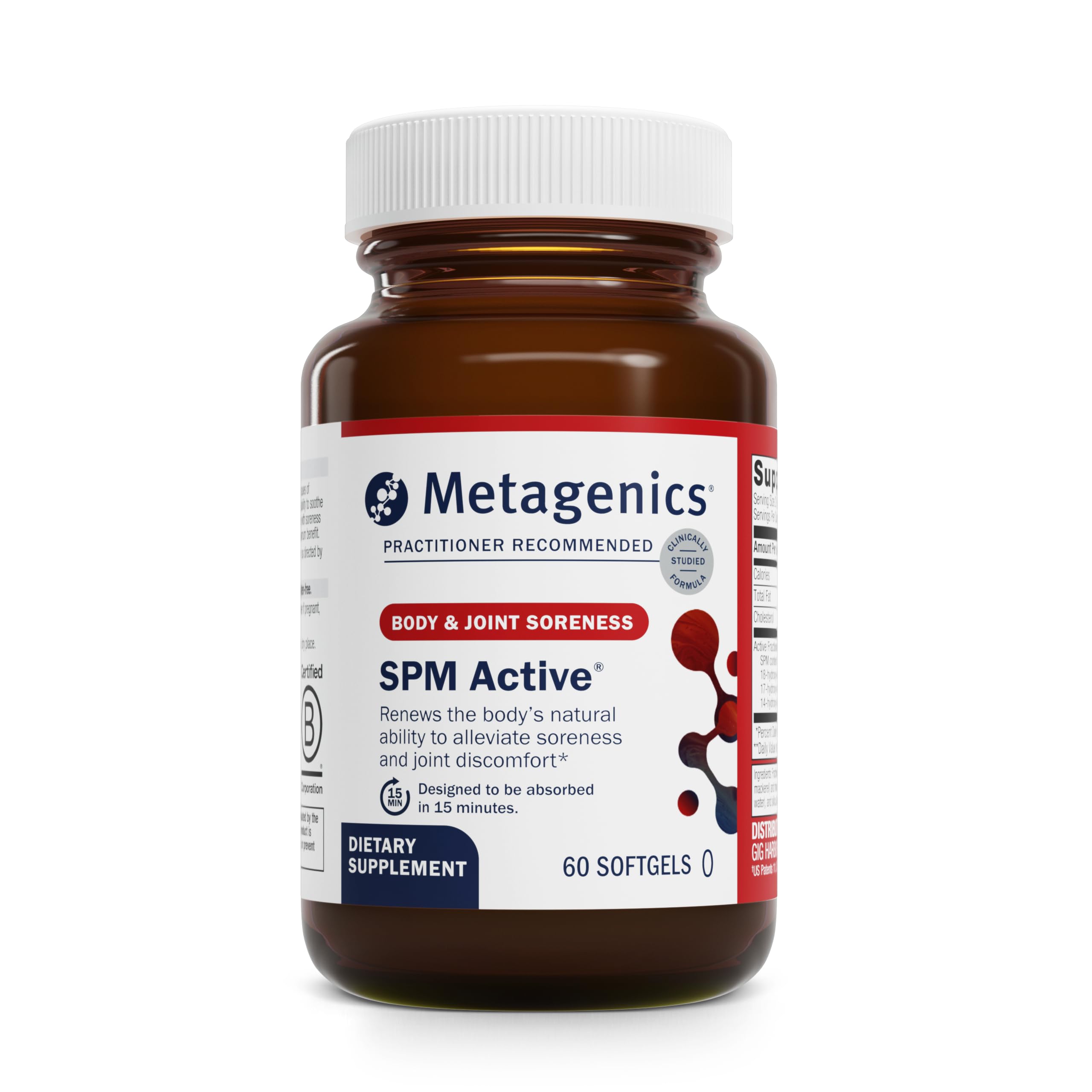 Metagenics SPM Active – bouteille de gélules molles pour le soutien possible à l'inflammation.
