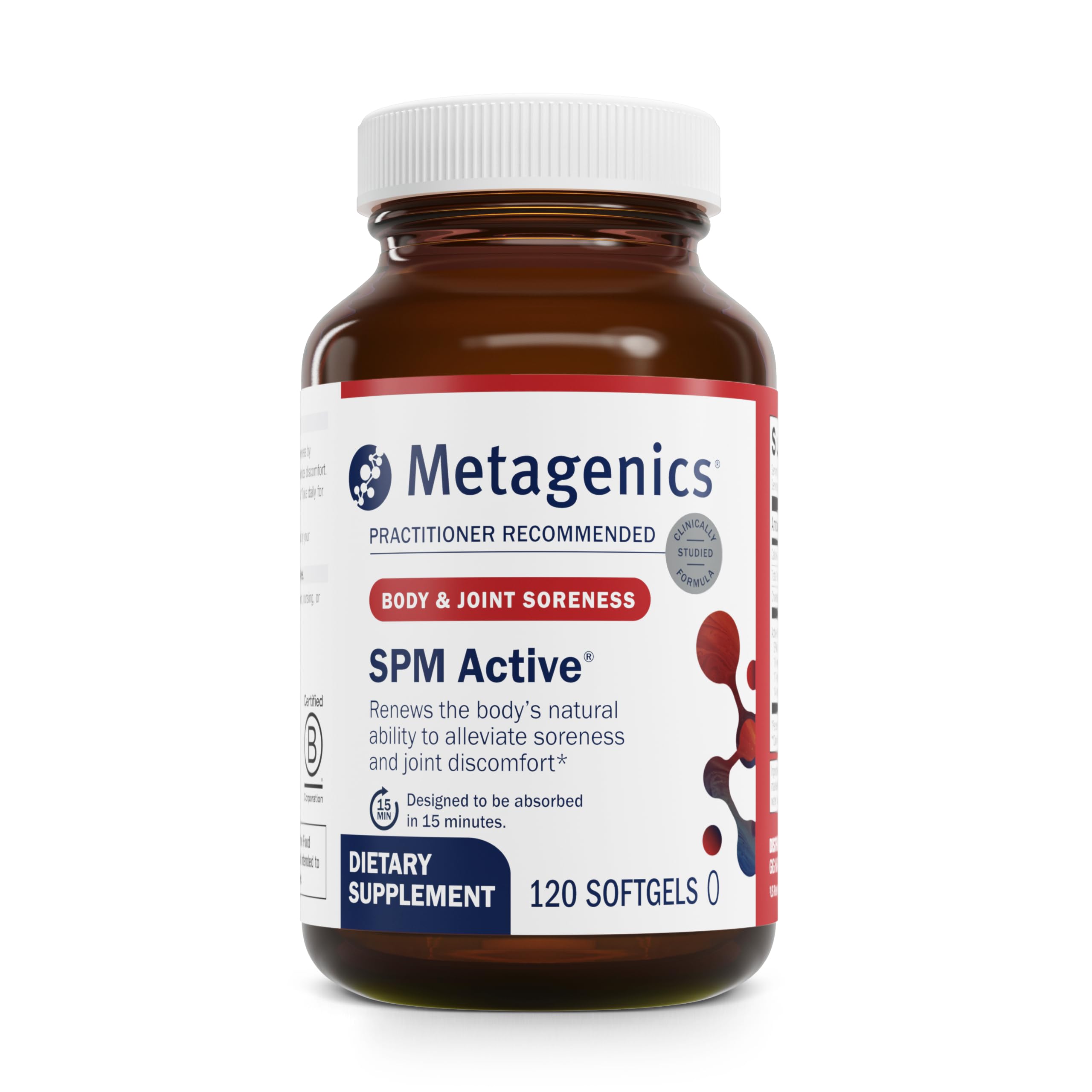 Metagenics SPM Active : bouteille de gélules molles, soutien potentiel à la résolution inflammatoire.
