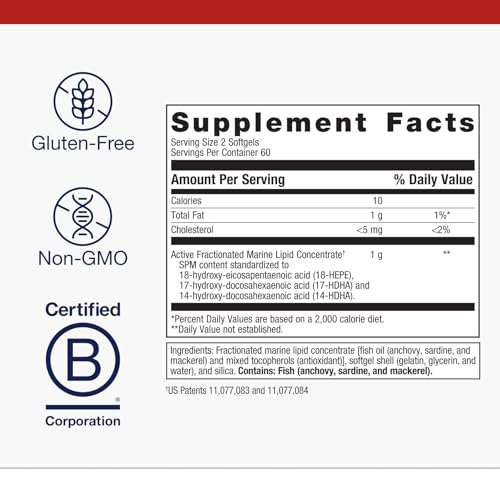Fiche nutritionnelle Metagenics SPM Active indiquant dérivés oméga‑3 potentiellement bénéfiques.